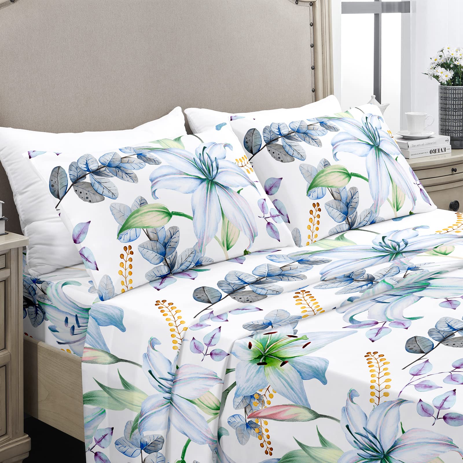 YIYEA Floral Twin Sheets Set - 1800 Thread Count Brushed Microfiber Bedding - Extra Soft & Deep Pocket Fitted Sheet - Shrink & Fade Resistant - 3 Piece Set for Twin Size Bed - Perfect for Guest Rooms, Dorms & Cozy Bedrooms