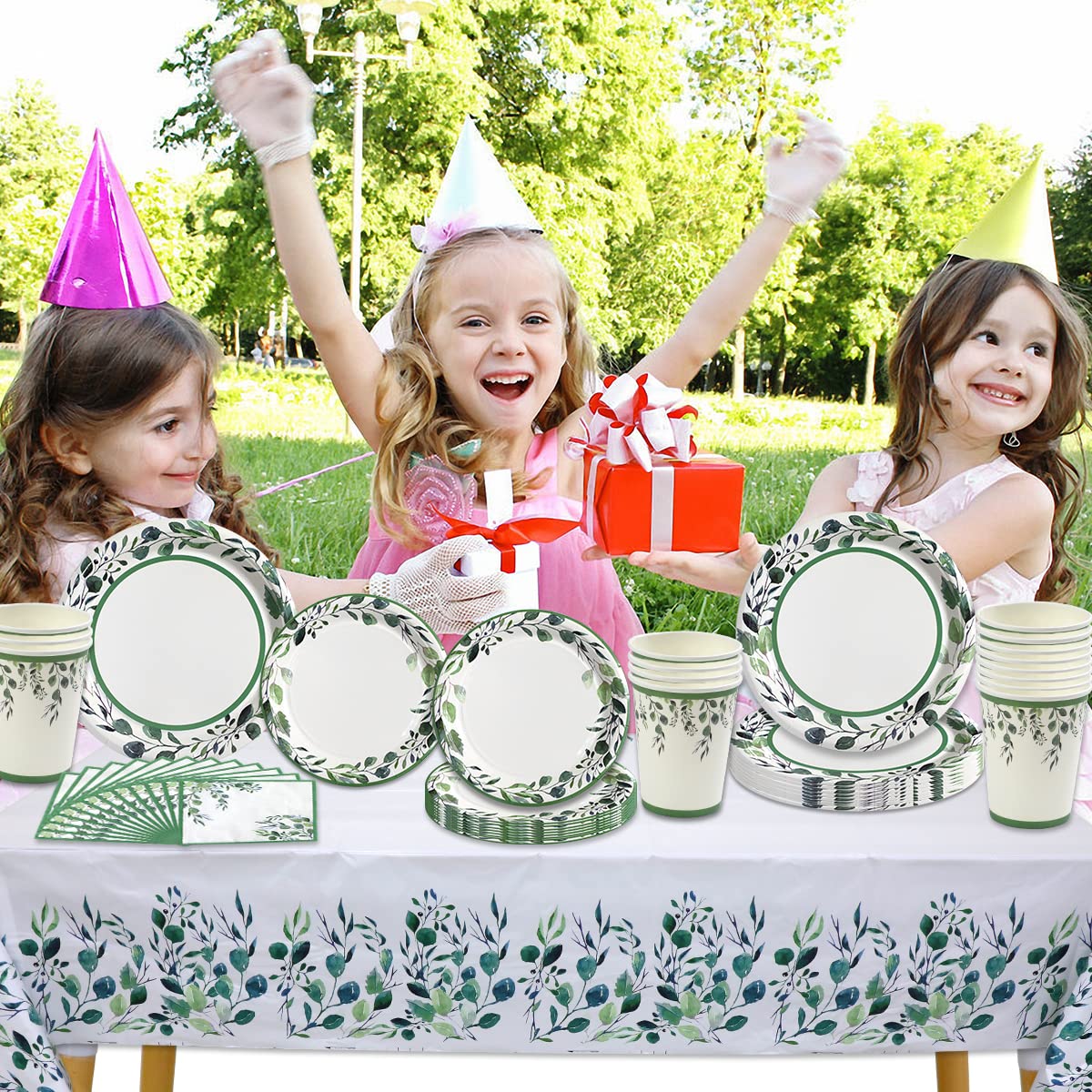 Eco-Friendly Sage Green Party Supplies Set - 16 Disposable Paper Plates, Napkins, Cups & Tablecloth for Birthday, Bridal Shower, Boho & Gender Reveal Parties - Perfect for Greenery Themed Events & Outdoor Gatherings