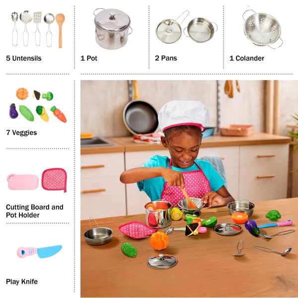 Hey! Play! 23-Piece Kids Pretend Play Kitchen Set - Toy Cookware, Play Vegetables, Utensils & Storage Container - Pink (80-PP170014) | Perfect for Role Play, Preschool Learning & Birthday Gifts