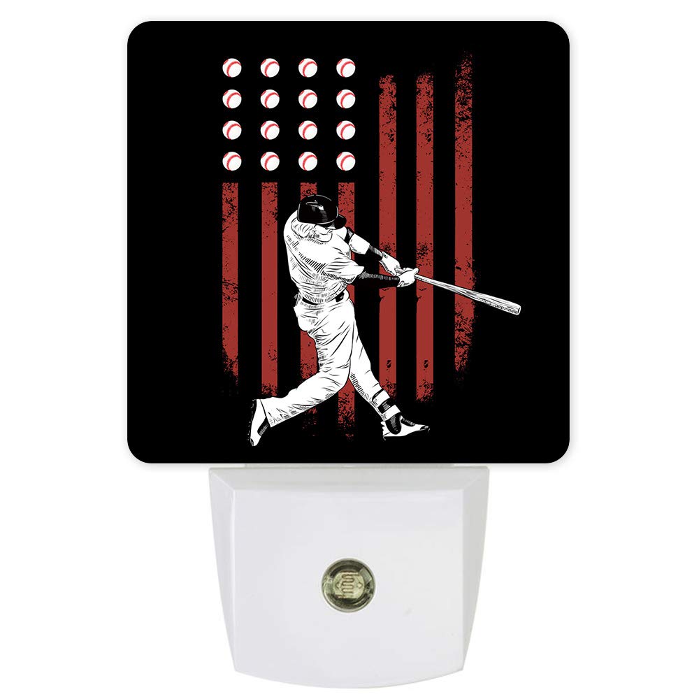 Auto Sensor Baseball Night Light - American Flag LED Plug-in Nightlight with Dusk to Dawn Sensor for Living Room, Bedroom, Kitchen, Hallway, Stairway, Corridor - Black Sports Theme Night Light for Kids Room, Nursery, Bathroom, Office, and Outdoor Use