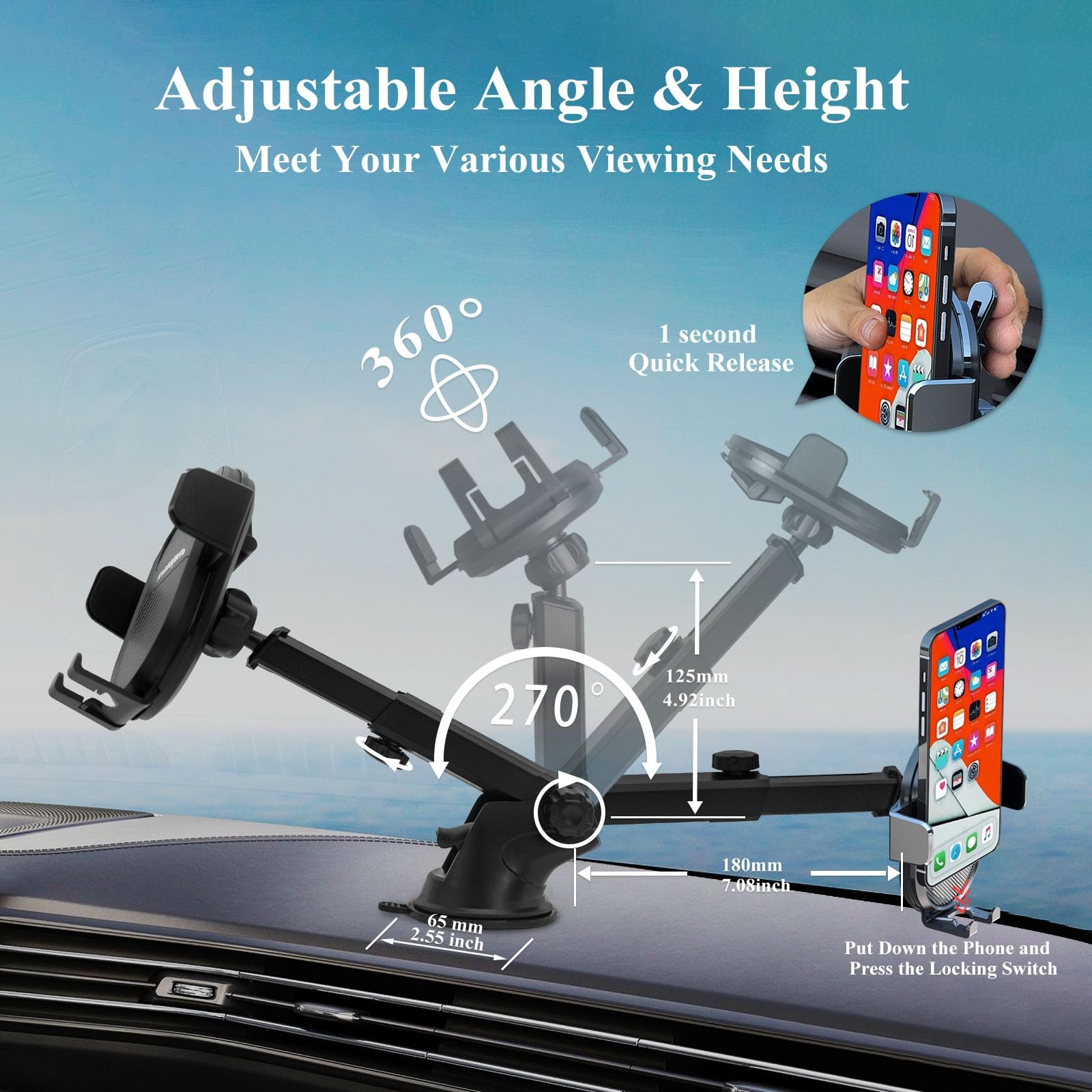 Car Phone Mount - 1 Second Quick Release, Adjustable 360° Rotation Phone Holder for Dashboard & Windshield - Perfect for GPS Navigation & Hands-Free Driving