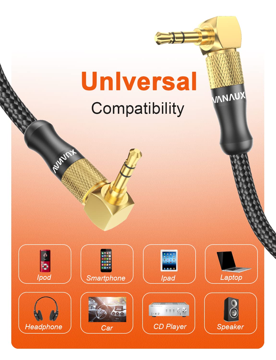 90 Degree Right Angle 3.5mm Male to Male Stereo Aux Cable - 6.6ft/2m Audio Cord for Laptop, Smartphone, Music Player, Tablets, Speakers - Perfect for Home, Office, and Car Audio Setup