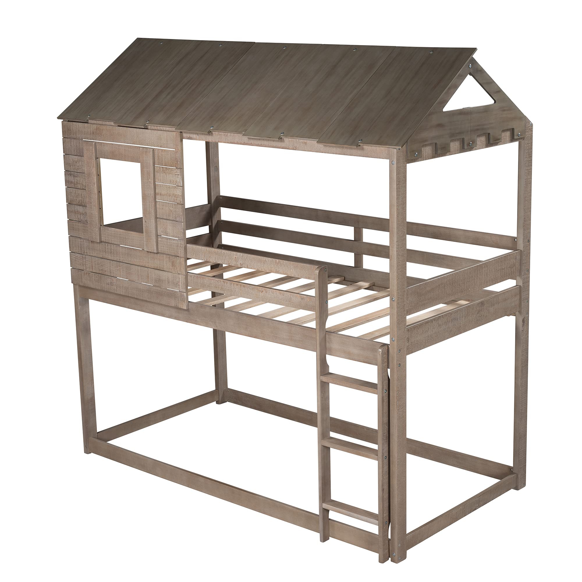 Kids Twin Over Twin Wooden Bunk Bed with Roof, Window, Guardrail & Ladder - Solid Wood Slat Support, No Box Spring Needed (Antique Gray) - Perfect for Shared Kids' Rooms, Sleepovers & Space-Saving Bedroom Solutions
