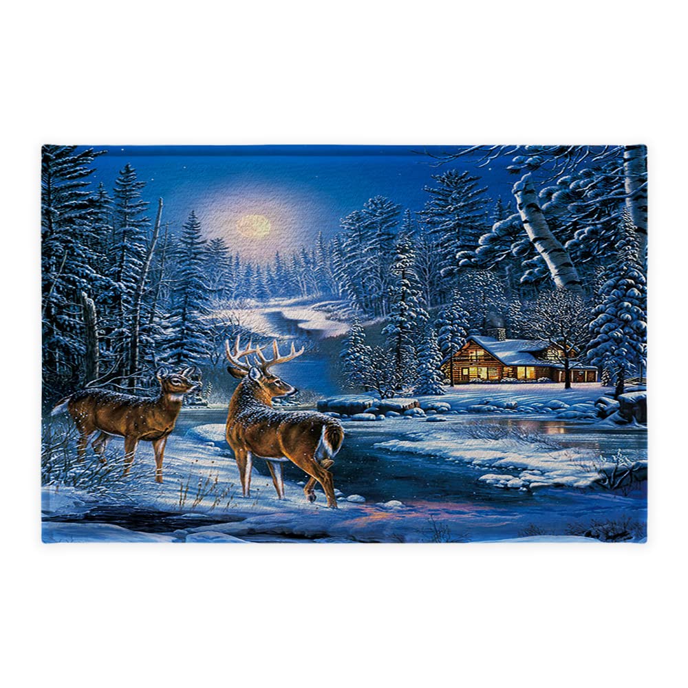 Christmas Bath Mat - Soft Reindeer & Snowy Forest Design Farmhouse Bathroom Rug 16x24 Inches - Cozy Holiday Decor for Winter Home & Gift