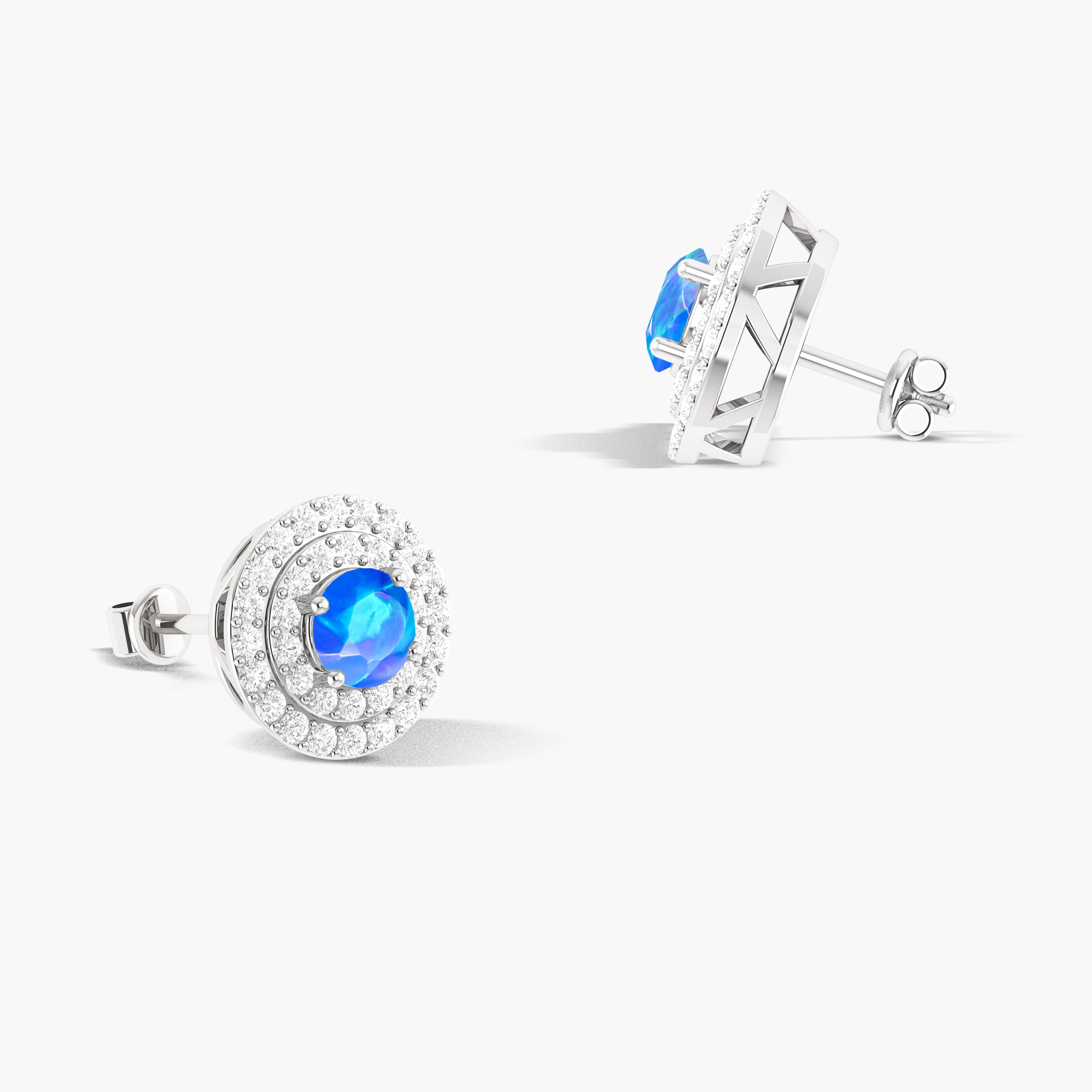 5MM Round Natural Blue Opal Halo Stud Earrings with Push Back - Elegant Jewelry for Women, Perfect for Weddings, Parties & Daily Wear