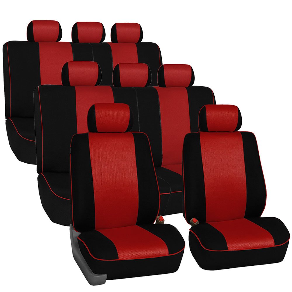 FH Group Universal 3-Row 8-Seater Cloth Car Seat Covers with Piping - Airbag & Split Ready for Cars, Trucks & SUVs (Red/Black) | Perfect for Family Road Trips, Daily Commutes & Vehicle Protection