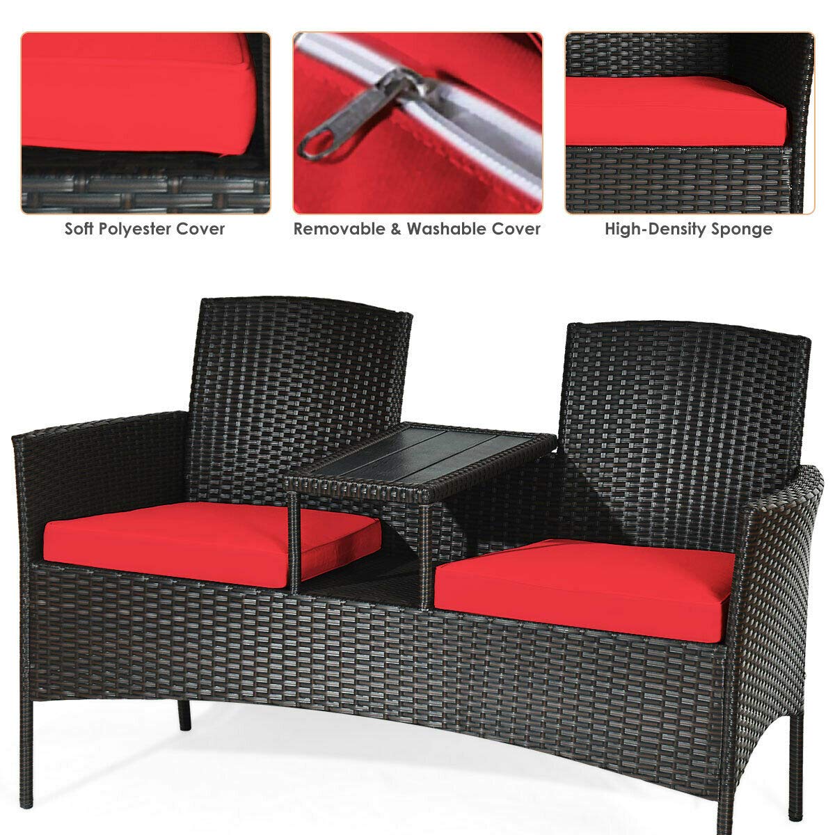 RELAX4LIFE Outdoor Rattan Wicker Conversation Set with Coffee Table & 2 Removable Cushion Chairs - Patio, Garden, Balcony, Lawn Furniture Loveseat (Brown+Red) - Perfect for Backyard Relaxation, Poolside Lounging & Outdoor Entertaining