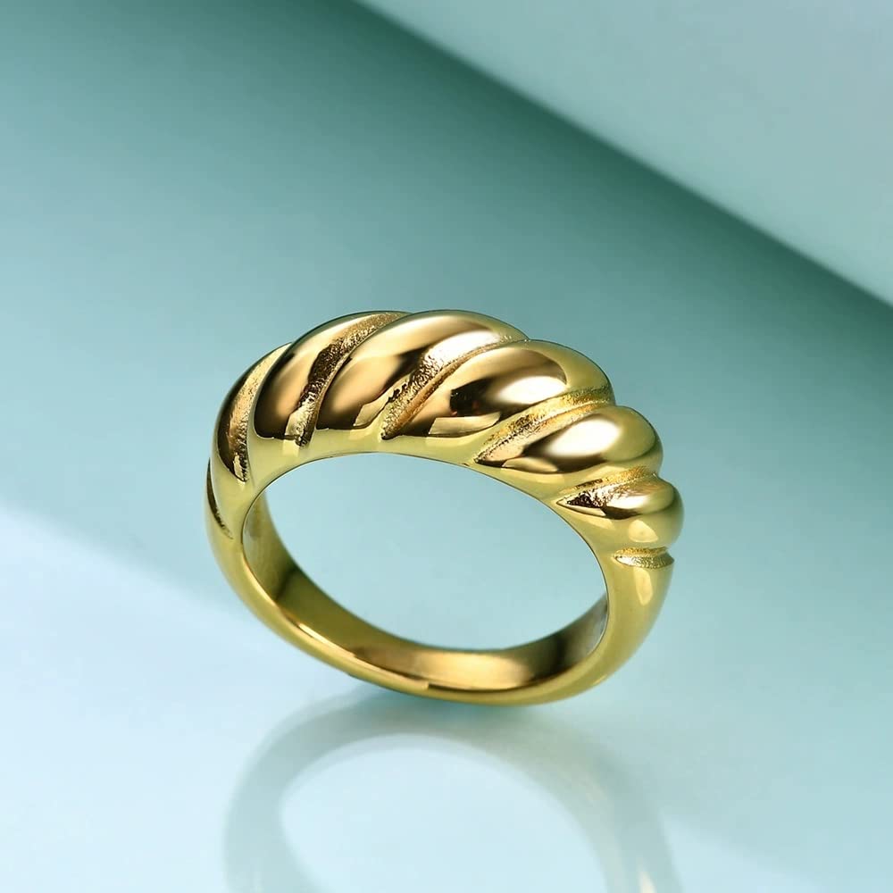 14K Gold Plated Croissant Dome Ring - Twisted Braided Chunky Signet Ring for Women | Stackable Fashion Jewelry for Everyday Wear, Parties & Special Occasions