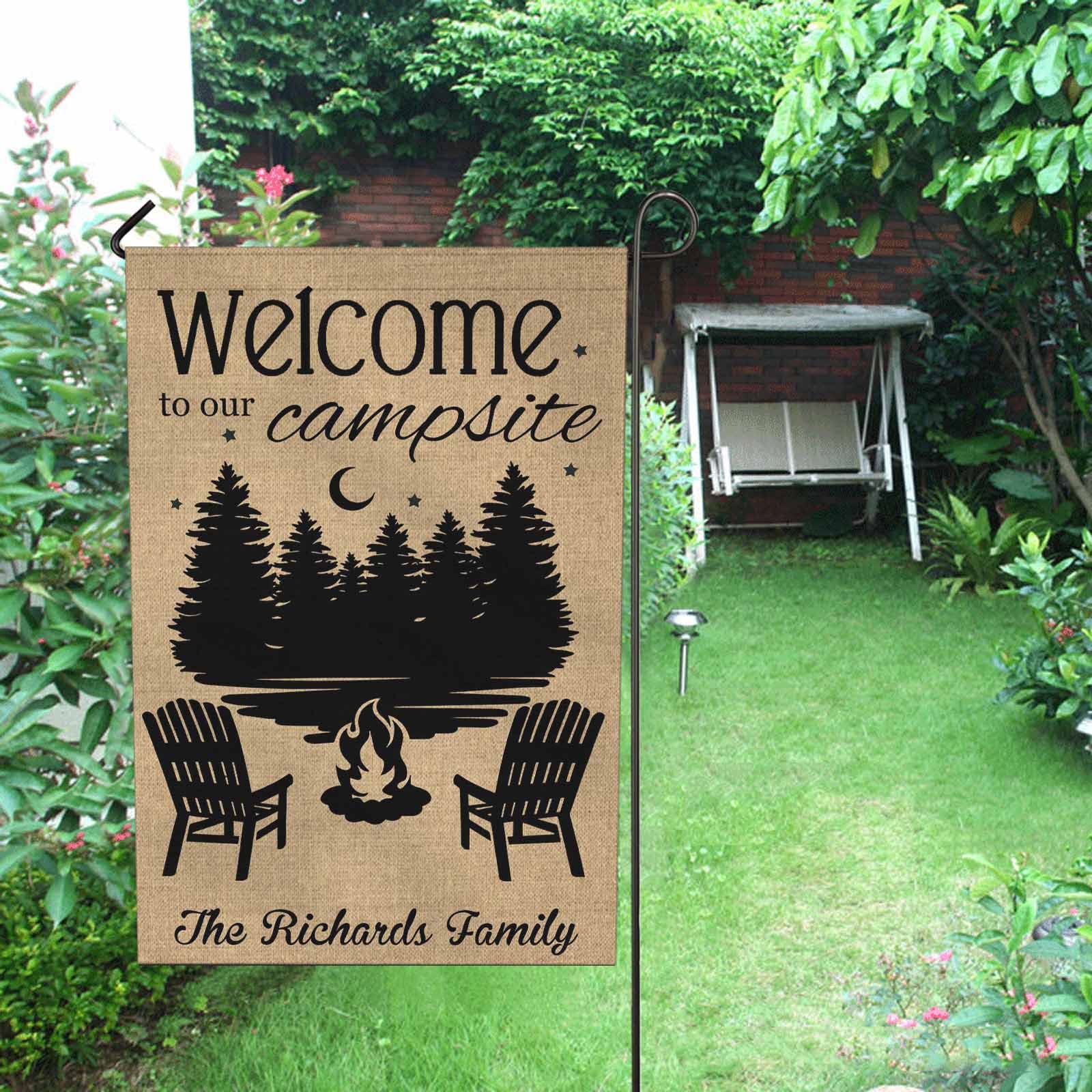 Personalized Welcome to Our Campsite Garden Flag - Custom Text Forest Stars Design - 28x40 Inch Outdoor Yard Banner for Campers, RV Parks & Backyard Decor - Perfect for Camping Trips & Cozy Outdoor Gatherings