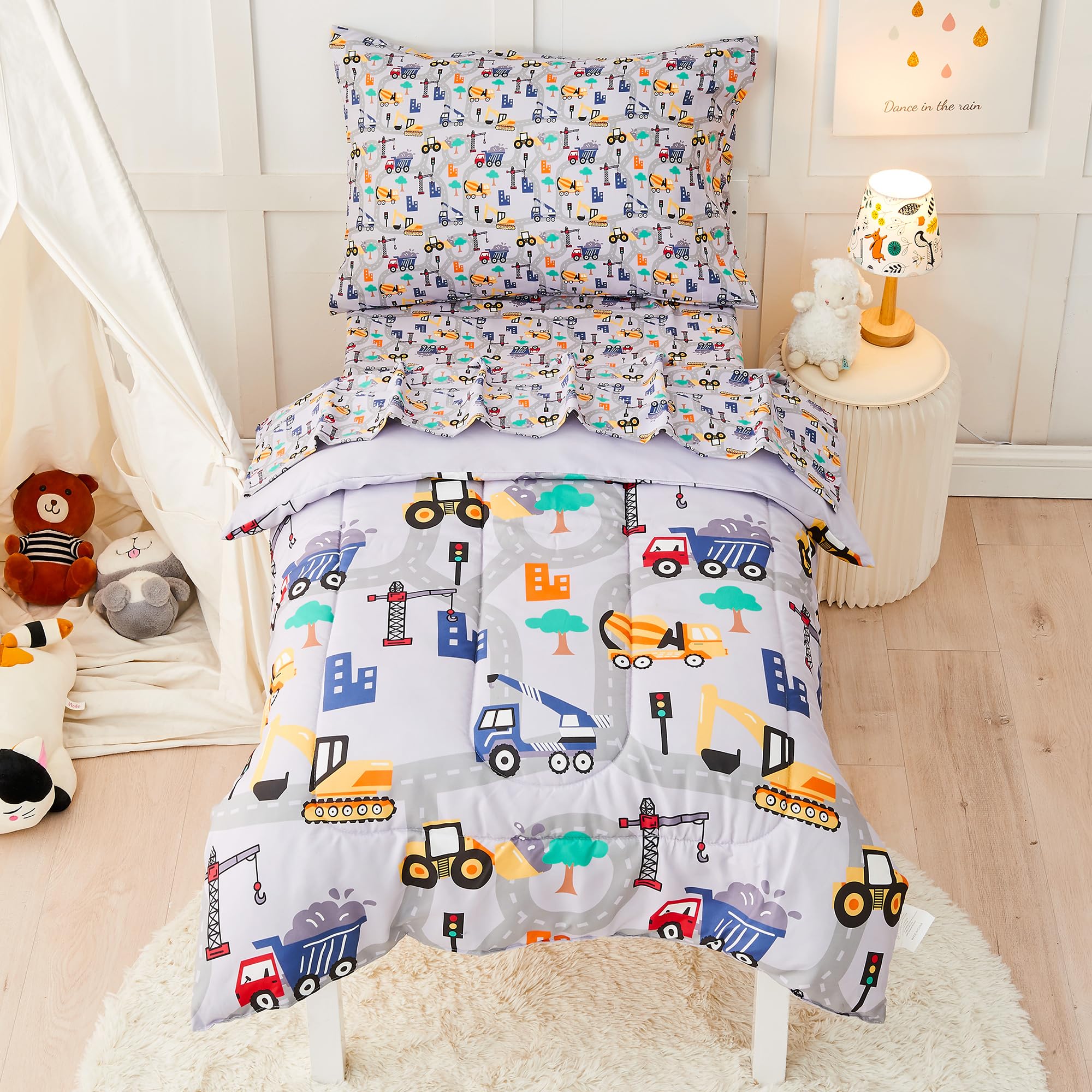 Lasoftan 4-Piece Construction Toddler Bedding Set for Boys - Excavator & Cars Printed, Super Soft Microfiber Comforter, Fitted Sheet, Pillowcase | Perfect for Kids' Room, Nursery & Daycare Use