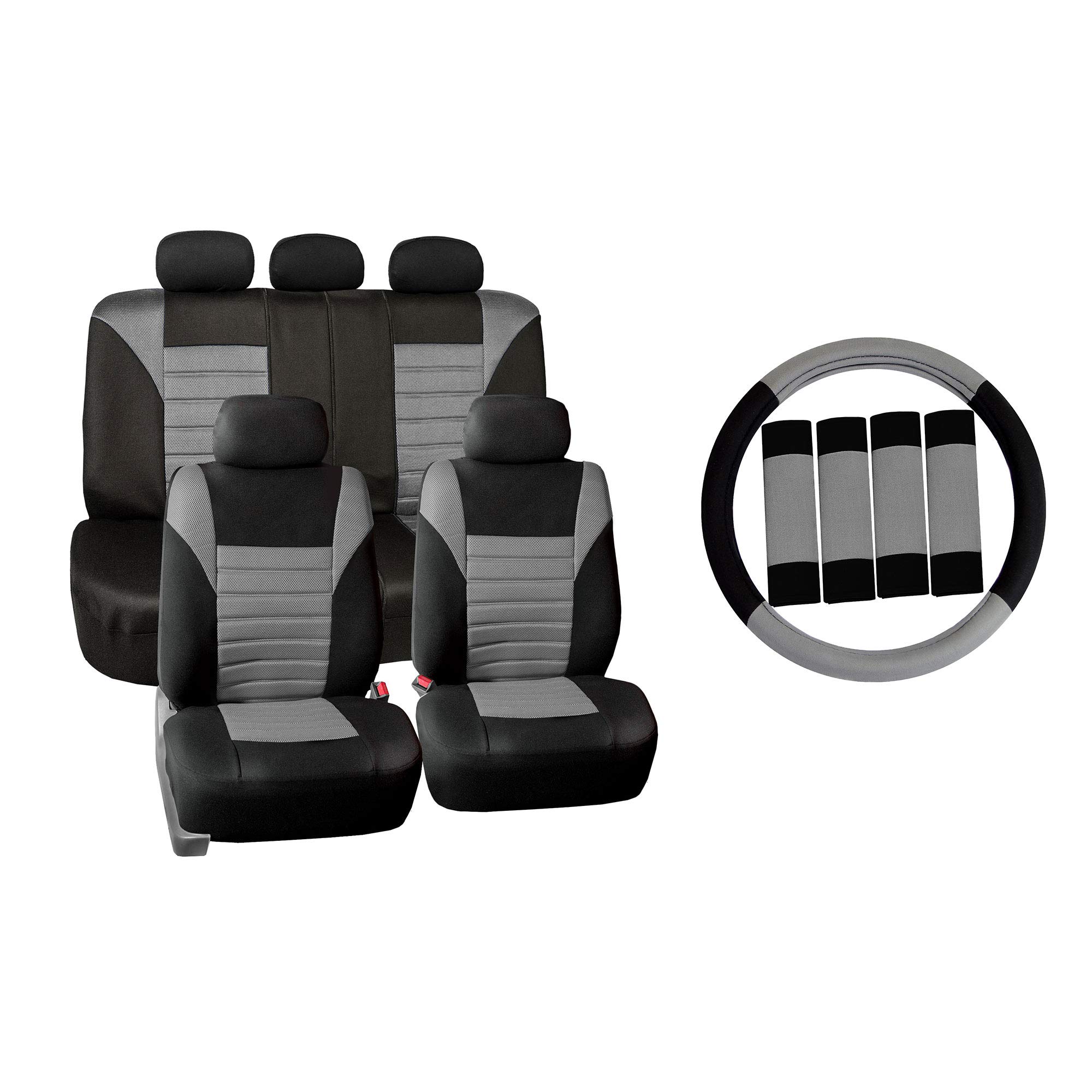 Premium 3D Air Mesh Car Seat Covers Full Set - Universal Fit for Cars, Trucks & SUVs | Airbag Compatible, Gray Color with Steering Wheel Cover & Seat Belt Pads | Enhanced Comfort & Protection for Daily Commute, Road Trips & Family Travel