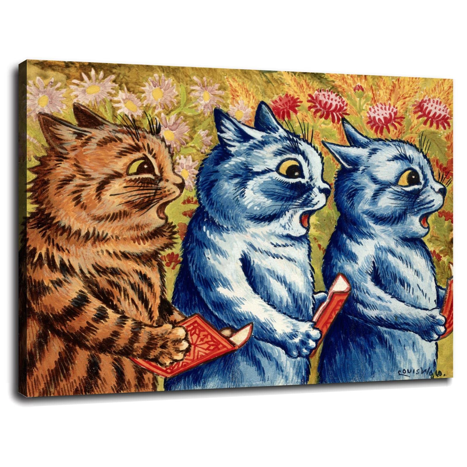 Louis Wain Three Singing Cats Canvas Art Print - 16x12 Inch Framed Wall Decor for Home, Office, Bedroom & Hotel Corridors - Vintage Cat Painting for Living Room & Gift Ideas