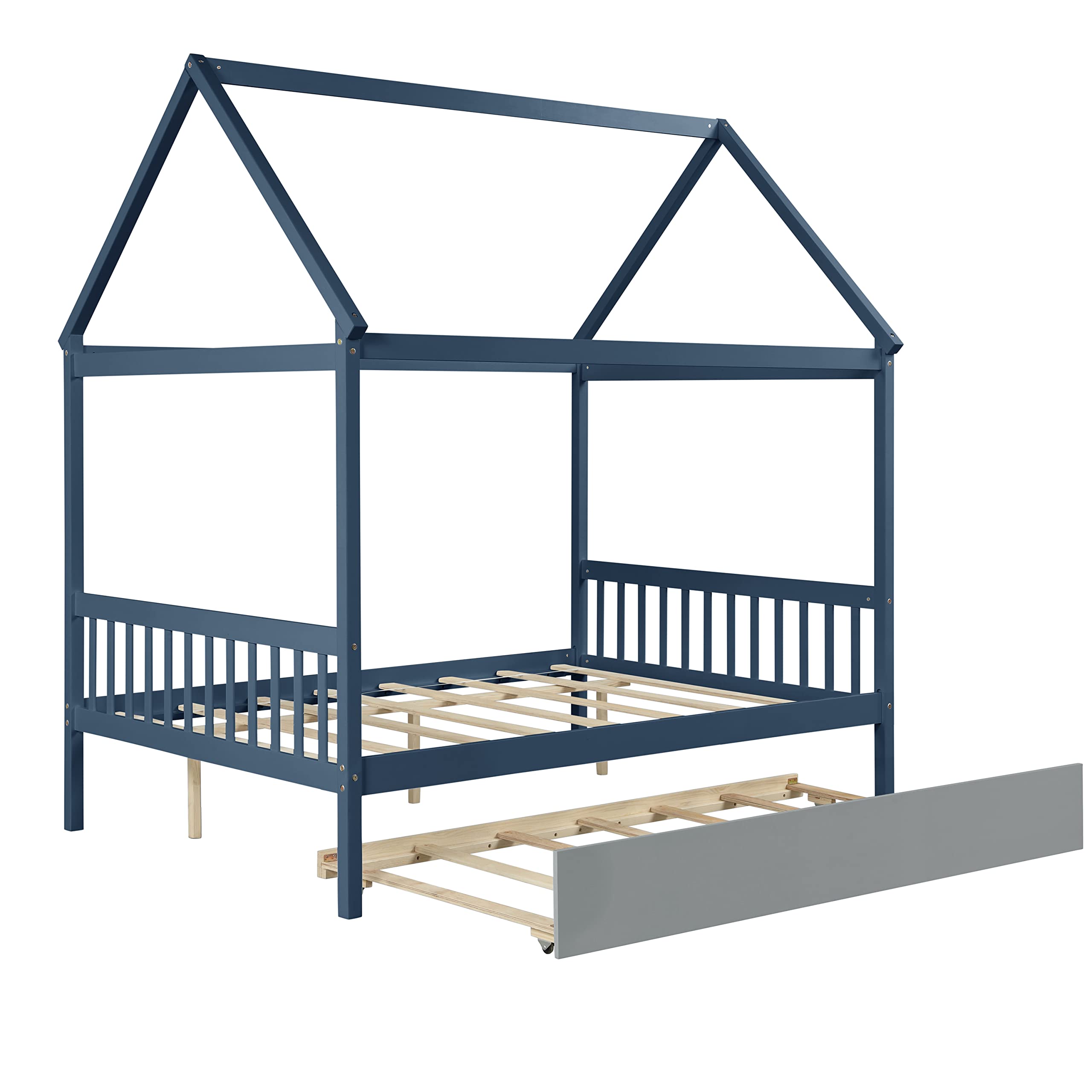 Harper & Bright Designs Full Size House Bed with Trundle - Wooden Daybed for Kids, Boys & Girls - Full Platform Bed Frame with Canopy for Bedroom (Blue & Grey) - Perfect for Small Spaces, Playrooms & Kids' Bedrooms