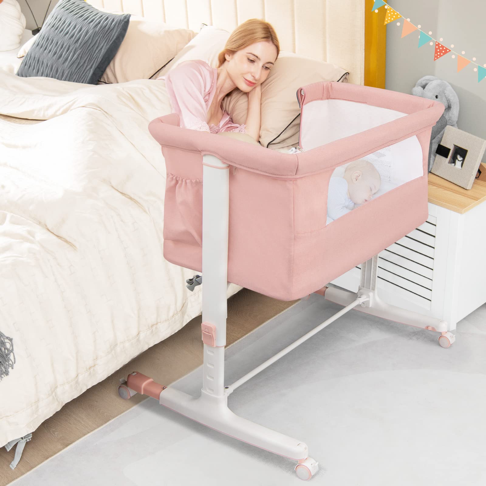 BABY JOY 3-in-1 Adjustable Height Folding Baby Bassinet Bedside Sleeper with Mattress, Lockable Wheels, Storage Pocket & Carry Bag - Portable Crib for Newborn Infants - Nursery, Bedroom & Travel Use (Pink)