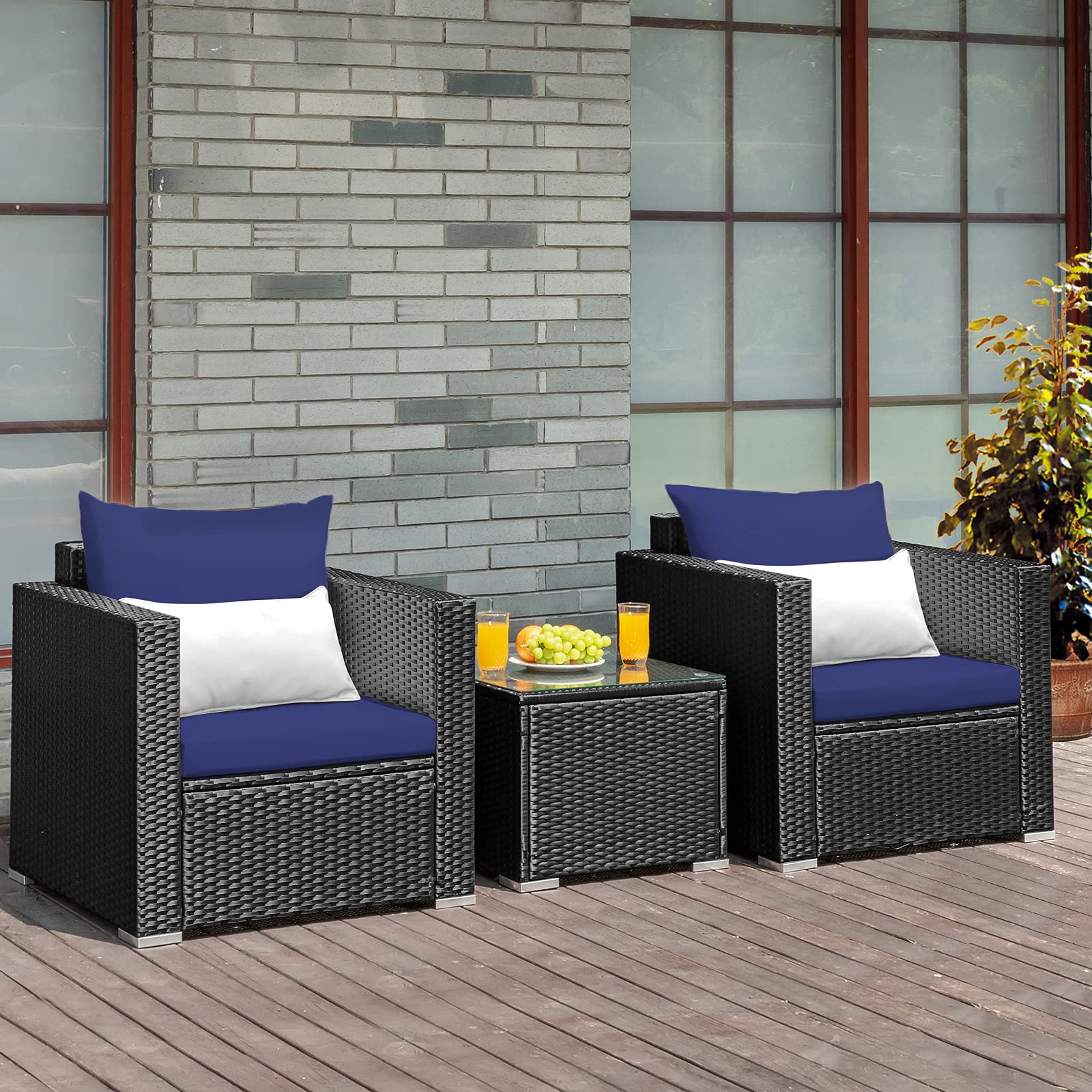 **Tangkula 3-Piece Patio Furniture Set - PE Rattan Wicker Sofa with Washable Cushions & Tempered Glass Table, Outdoor Conversation Set for Garden, Poolside, Patio, and Backyard (Navy Blue)**