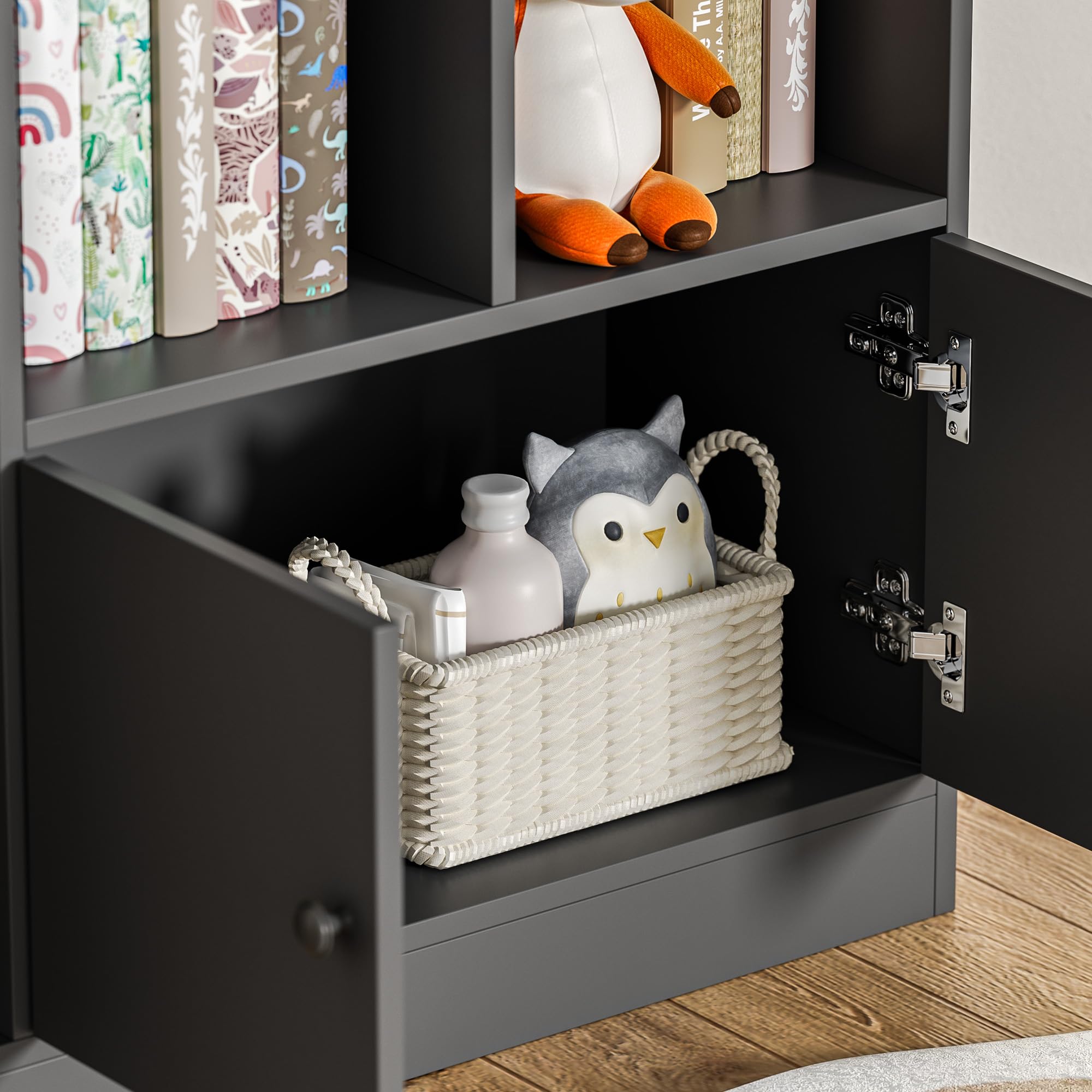 Black Kids Bookshelf - 7 Cubbies & 2 Cabinets Book Storage Organizer for Children's Bedroom, Playroom, Nursery | Durable Freestanding Bookcase for Kids Books, Toys & Decor | Perfect for Reading Nooks, Daycare & Homeschool Classrooms