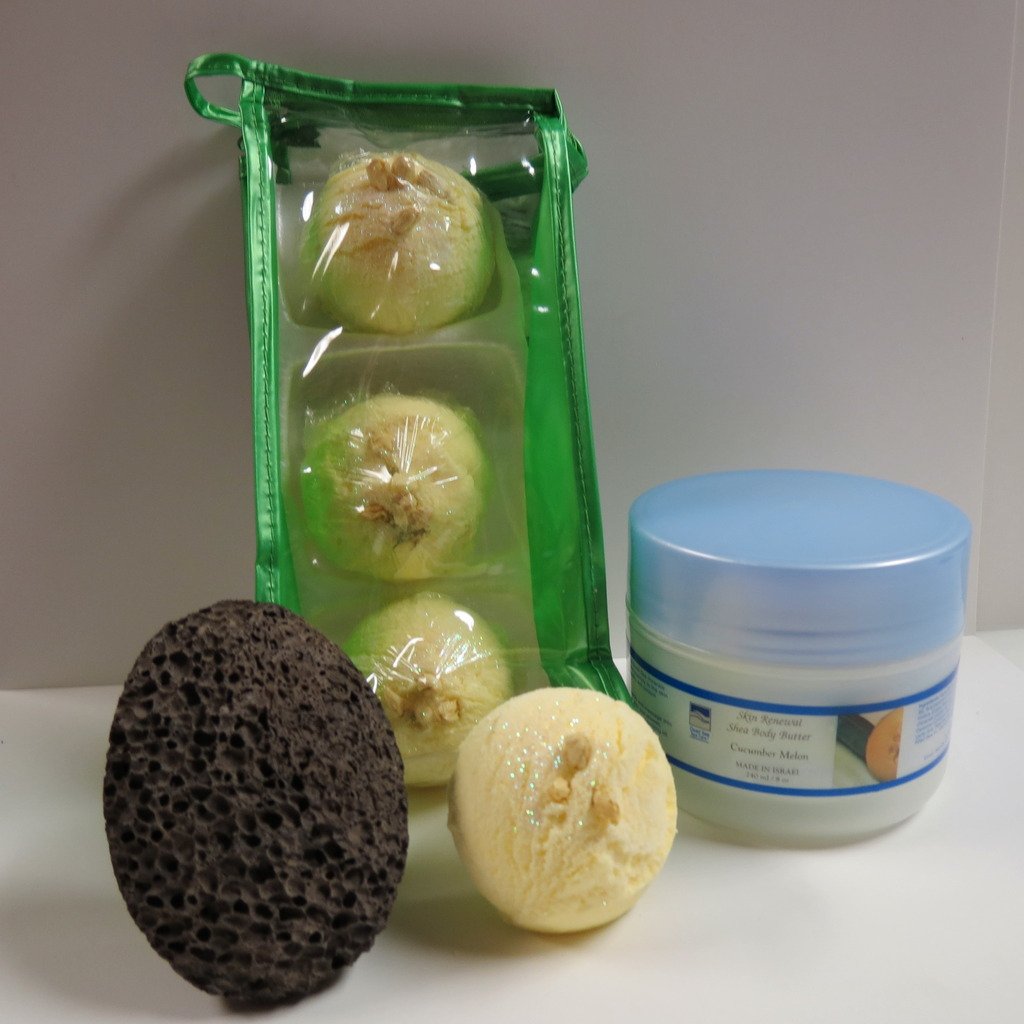 Dead Sea Spa Care Coconut Lime Bubble Bath Truffles 3-Pack with 8oz Cucumber Melon Shea Body Butter & Pumice Stone | Bath Bombs for Relaxation, Self-Care & Spa Night at Home