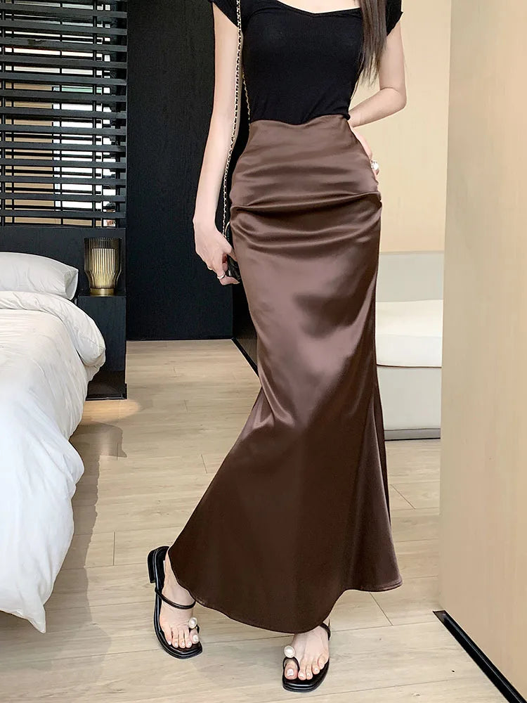 Black & Brown High Waist Pleated Fishtail Wrap Skirt for Women | Korean Style Office & Summer Elegant Skirt 2024 | Perfect for Work, Dating & Special Occasions