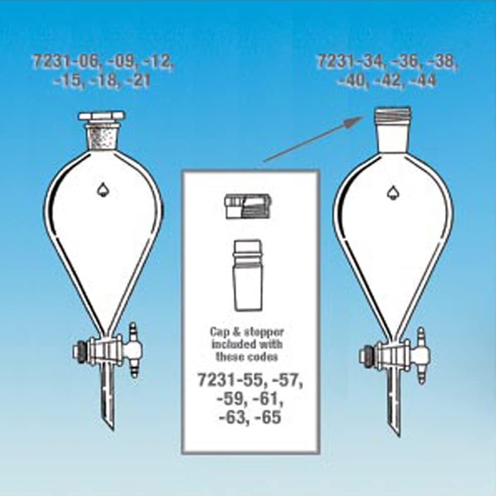 7231-61 PTFE Locking Stopper Separator Funnel, 500mL Squibb Style for Precise Liquid Separation - Ideal for Chemistry Labs, Organic Extractions & Solvent Purification