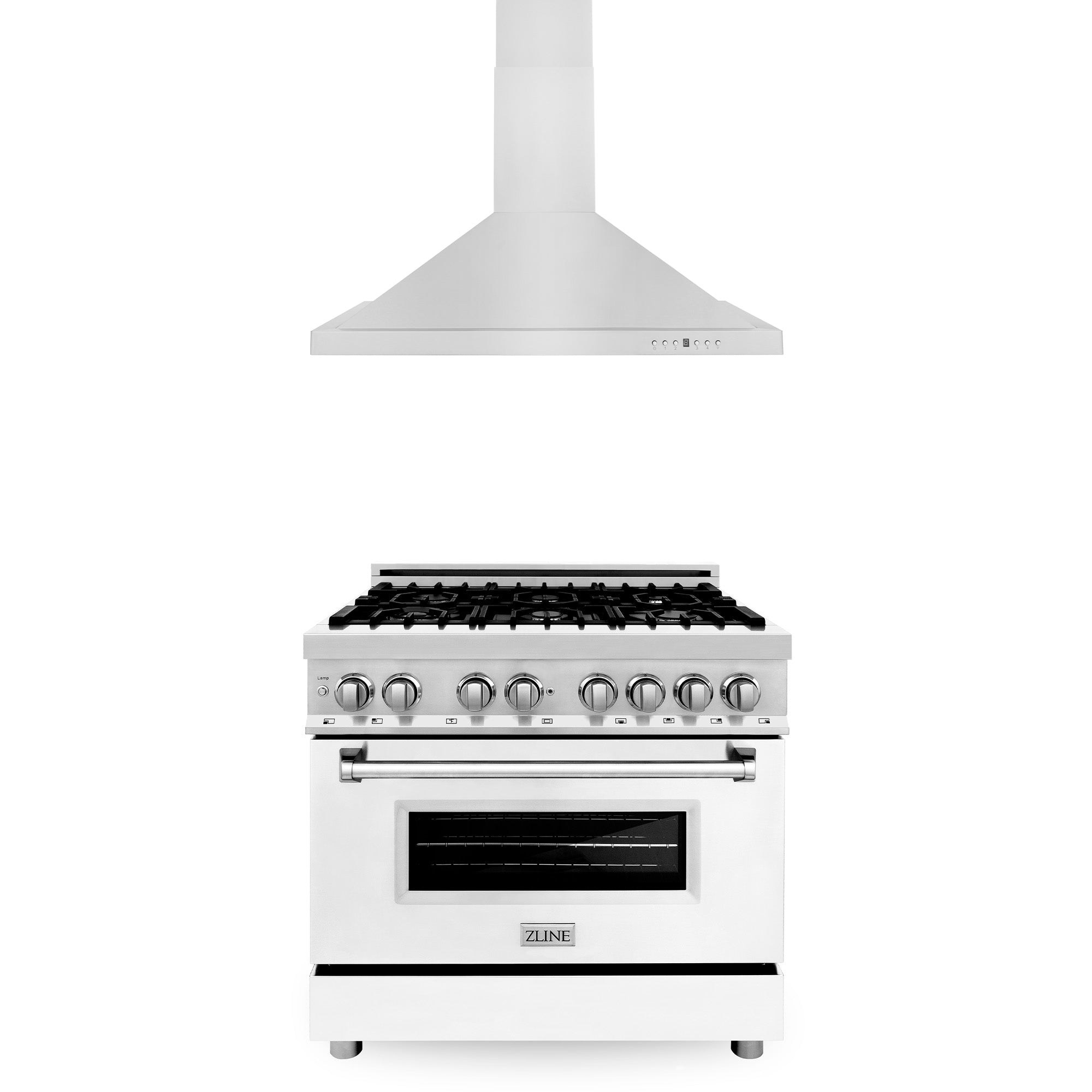 ZLINE 36 Inch Stainless Steel Dual Fuel Range with White Matte Door & Convertible Vent Hood - Professional Kitchen Package (2KP RAWMRH36) for Home Chefs & Modern Kitchens