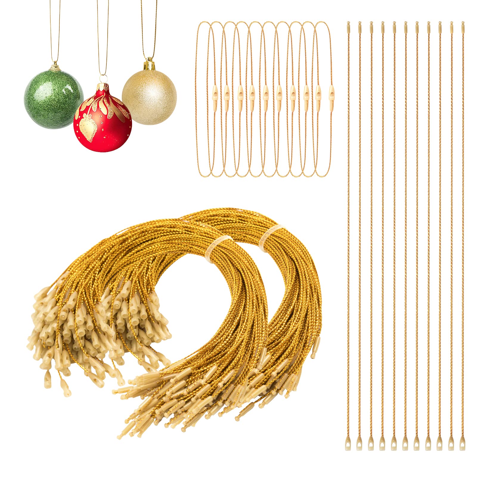 RELBRO 200 Pcs Christmas Ornament Hangers - Gold Snap Fastener Hooks with Locking Ropes for Tree Decorations | Perfect for Holiday, Xmas Party & Home Decoration
