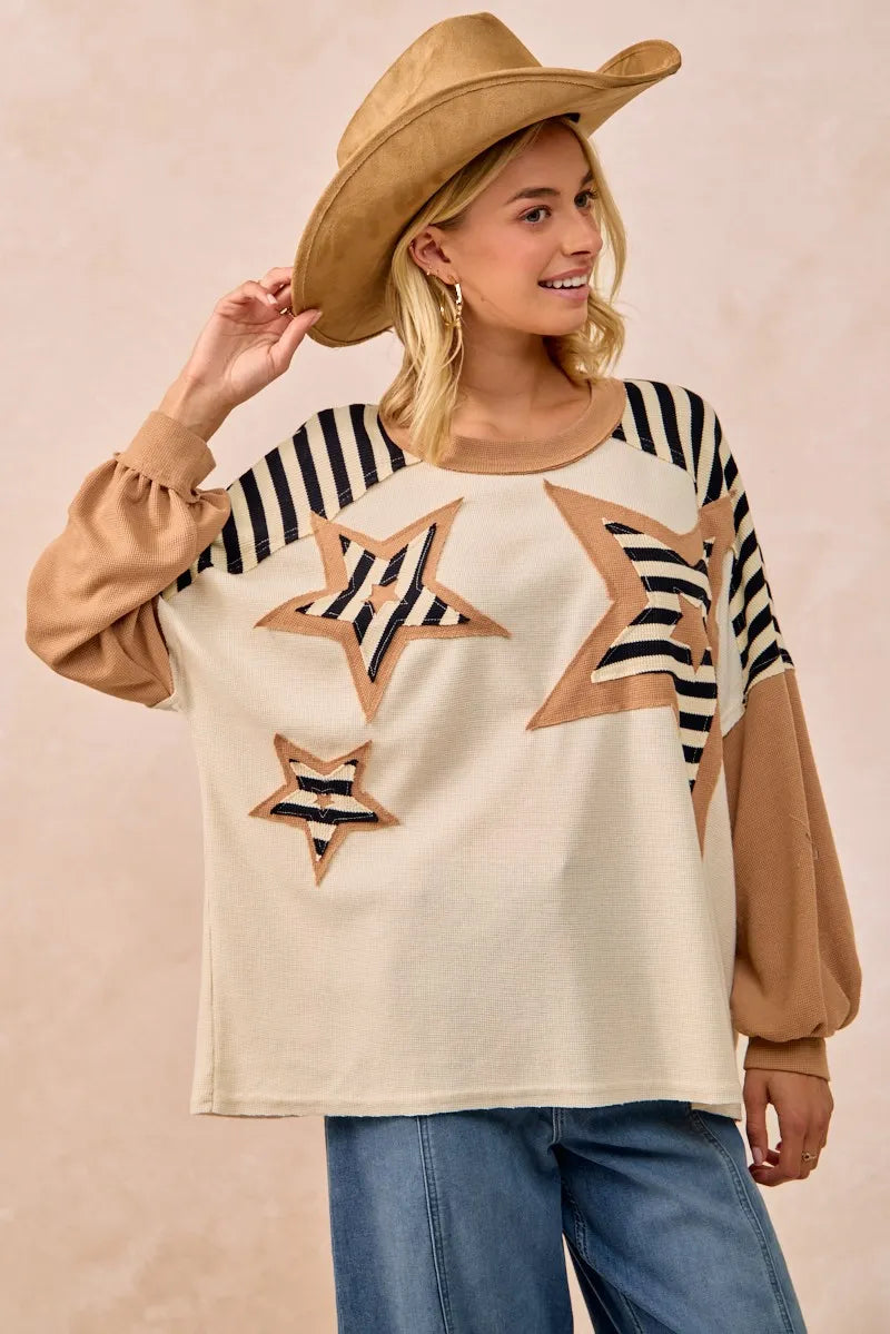 BiBi Star Patchwork Mixed Long Sleeve Top for Women - Stylish Boho Chic Blouse for Casual Wear, Date Night & Office Outfits