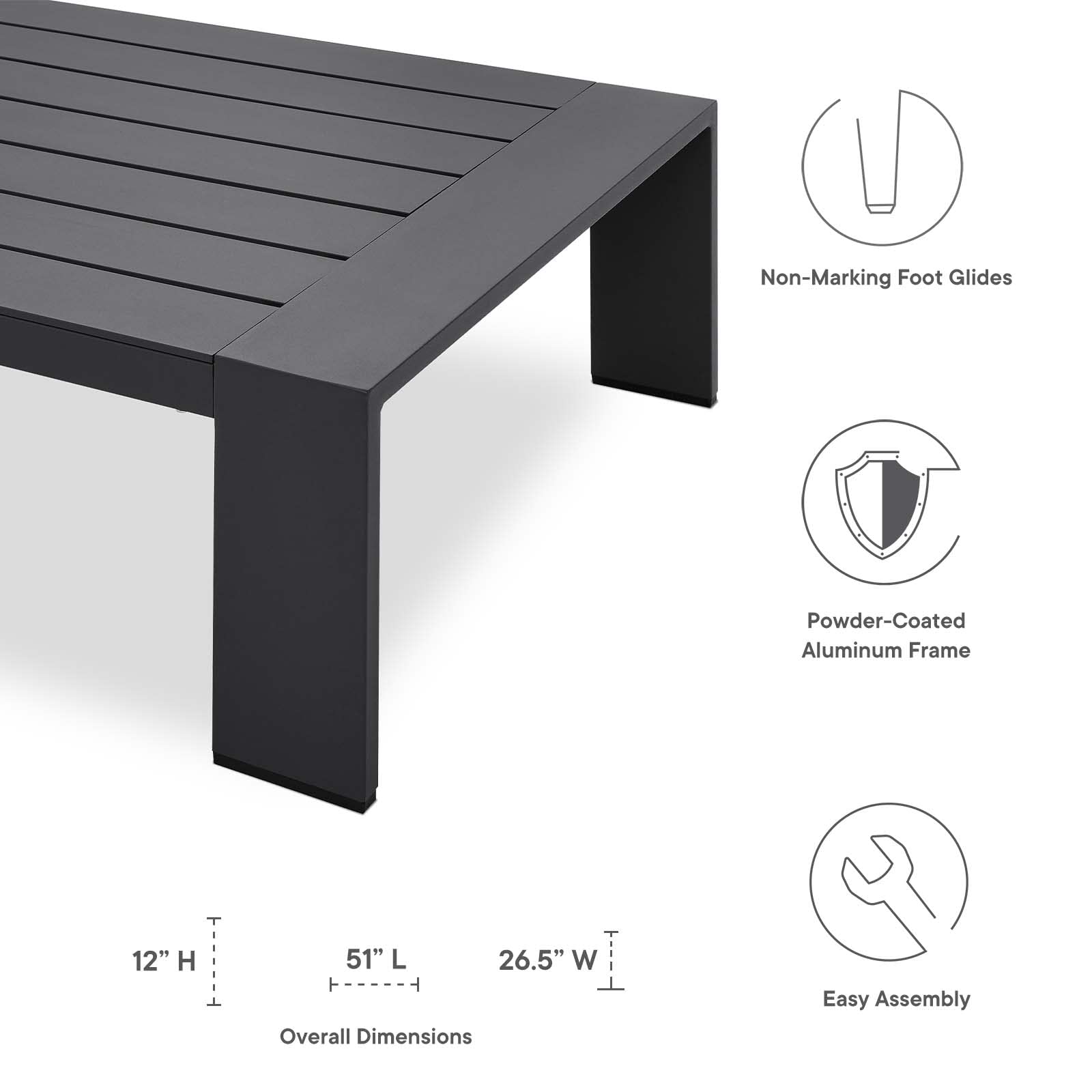 Modway Tahoe Aluminum Outdoor Patio Coffee Table - Gray Weather-Resistant Side Table for Poolside, Garden & Backyard Decor