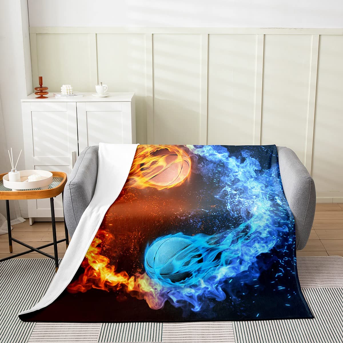 Basketball Fleece Throw Blanket for Men, Boys & Teens - Yin Yang Design, Red & Blue Soft Flannel Blanket 40