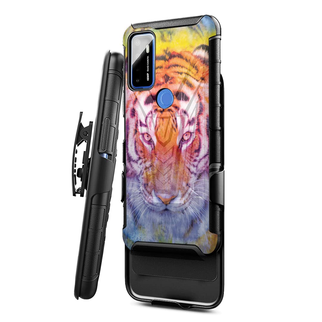 Military Shockproof Phone Case for Cricket Dream 5G & AT&T Radiant Max 5G - Heavy Duty Belt Clip Holster with Kickstand | Rainbow Tiger Design | Perfect for Outdoor Work, Construction & Active Lifestyles