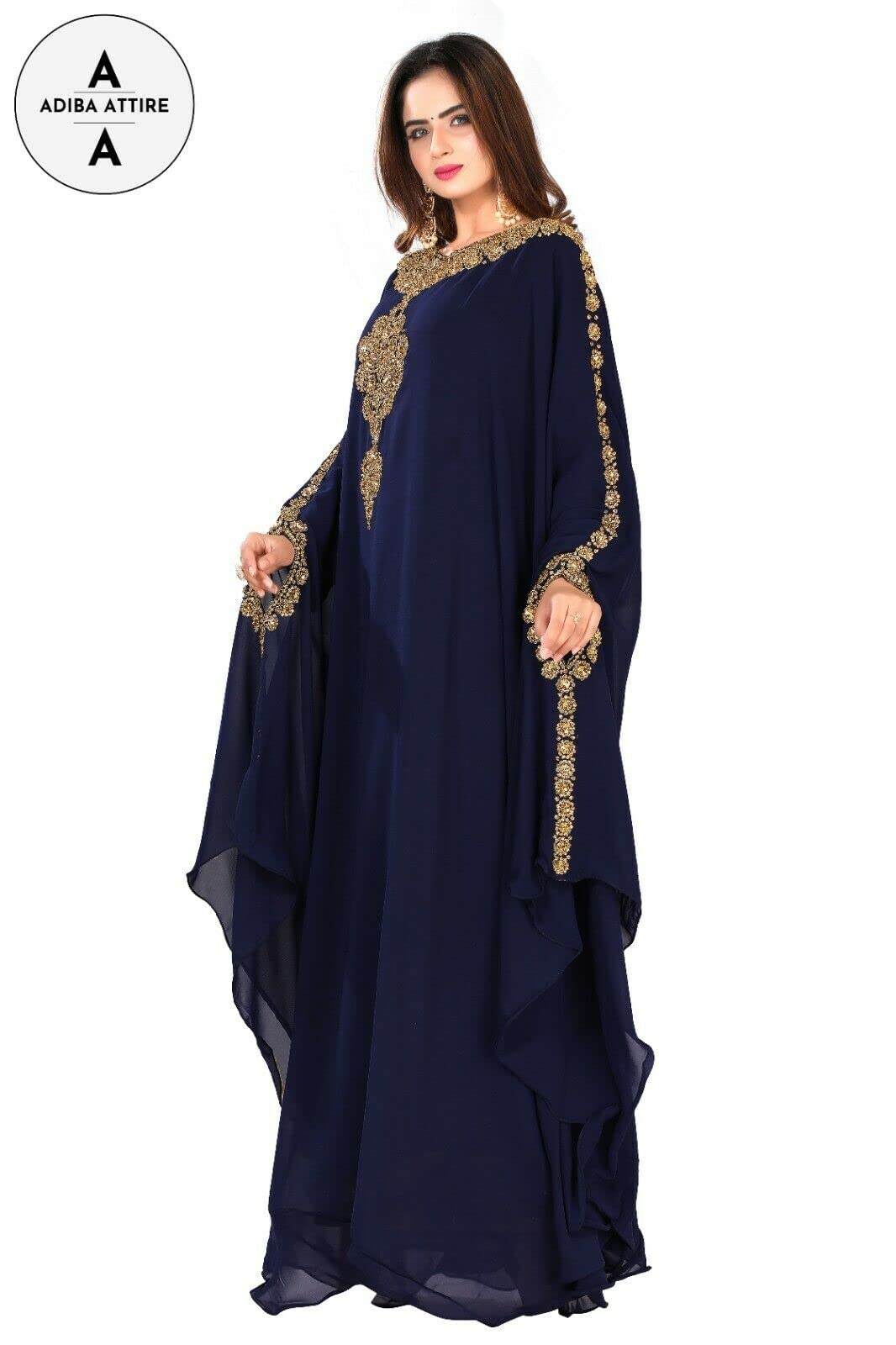 Elegant Moroccan Dubai Abaya Farasha Kaftan for Women - Embroidered Long Gown Dress in Navy Blue | Perfect for Eid, Wedding & Special Occasions