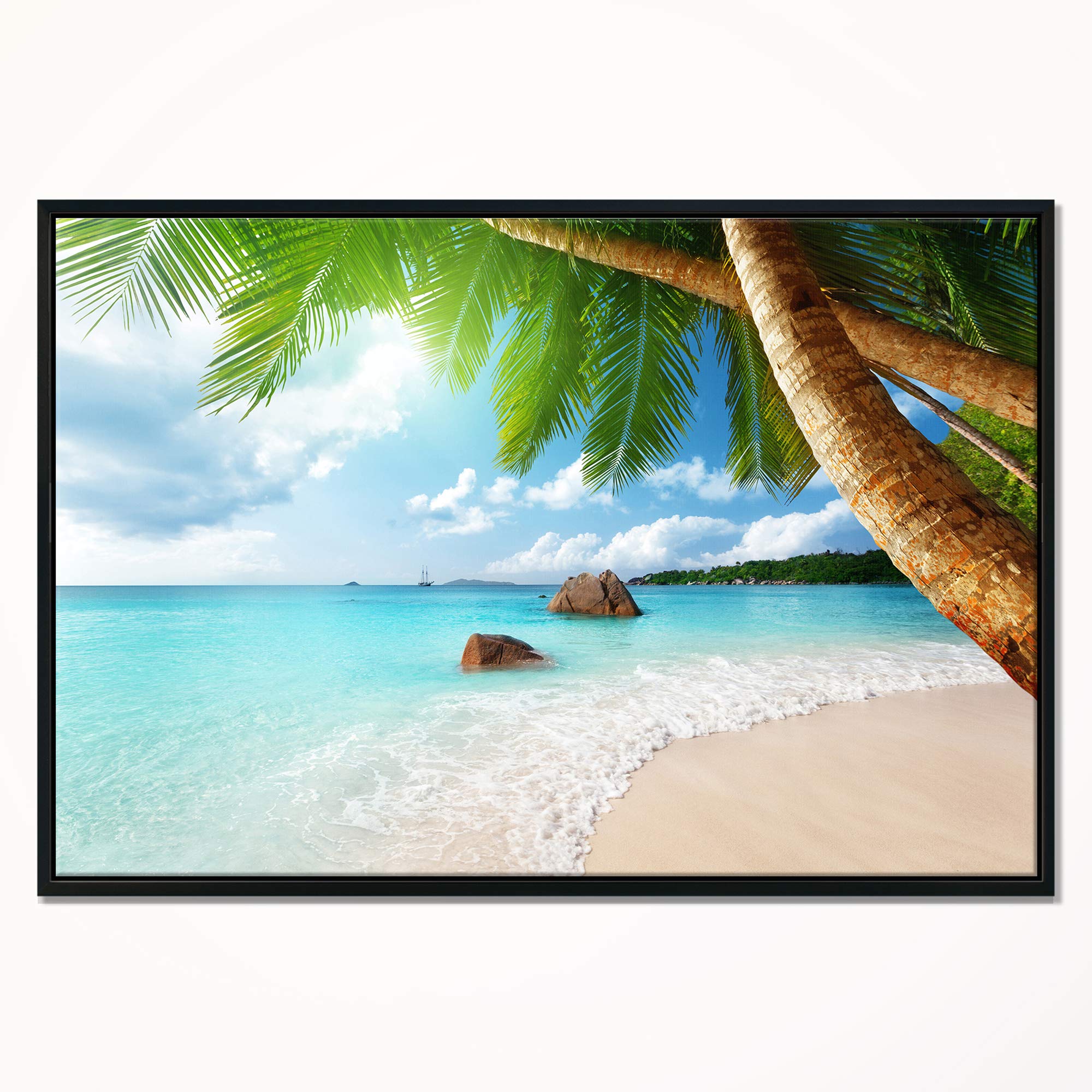 DesignArt Praslin Island Seychelles Beach Seascape Framed Canvas Wall Art - Tropical Coastal Decor for Living Room, Bedroom & Office