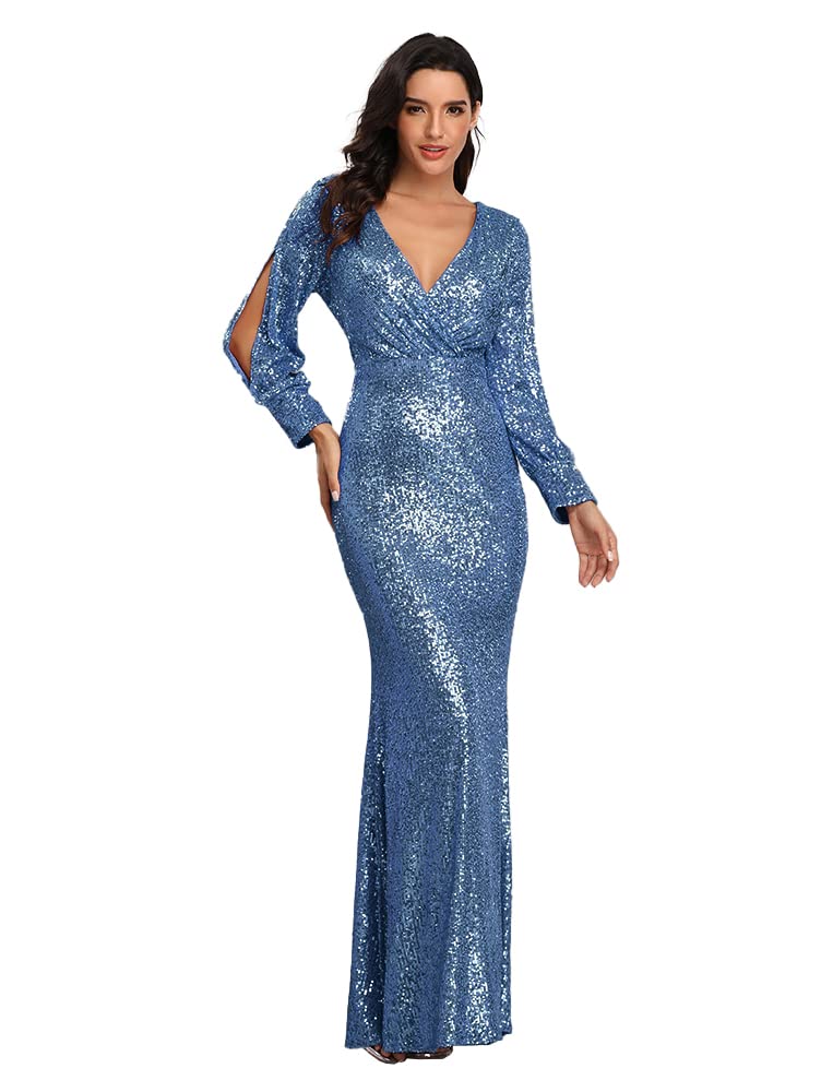 Sparkling Sequin Evening Dress for Women - Long Sleeve Prom Gown Mermaid Style in Blue | Perfect for Formal Parties, Weddings, and Special Occasions