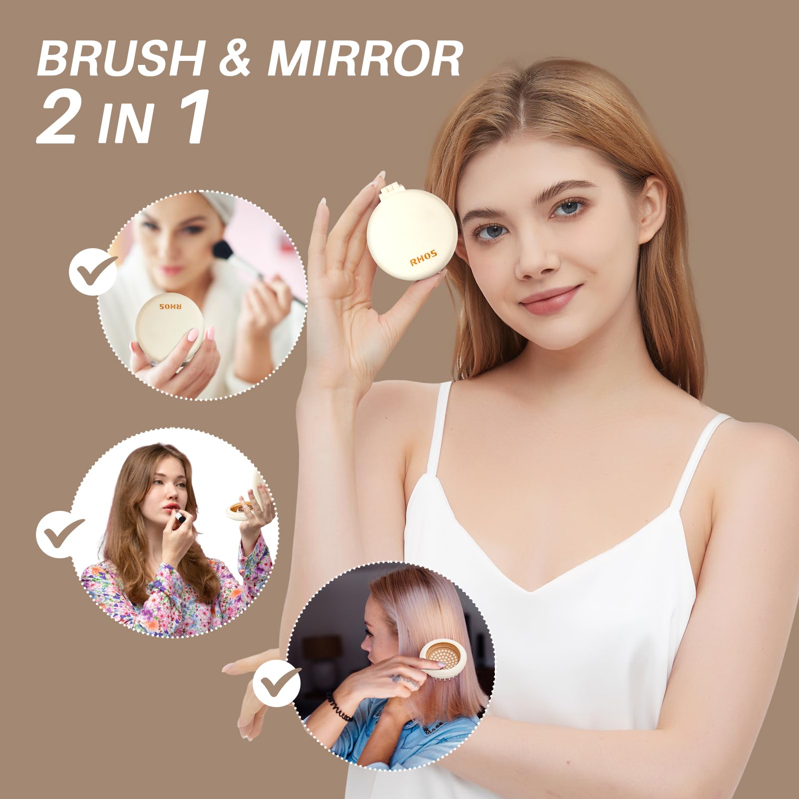 RHOS Compact Folding Hair Brush with Mirror - Portable Travel Brush for Women, Men & Kids - Perfect for Purse, Pocket & On-the-Go Styling - Ideal for Travel, Gym & Daily Touch-Ups (Beige)