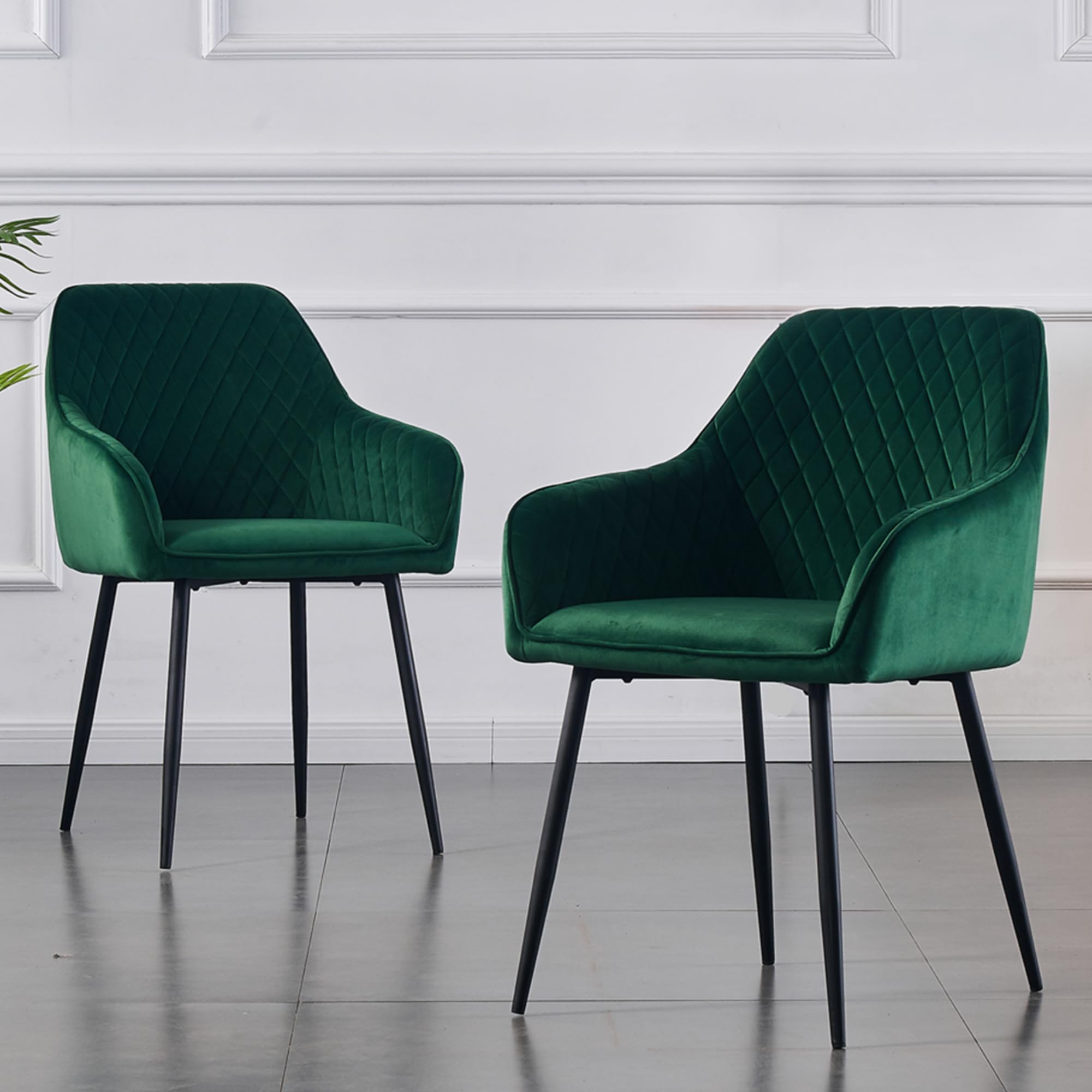 ENJAOUSLF Set of 2 Green Velvet Dining Chairs with Black Metal Legs - Modern Upholstered Armchairs for Kitchen, Living Room & Dining Room - Perfect for Small Spaces, Breakfast Nooks & Home Decor