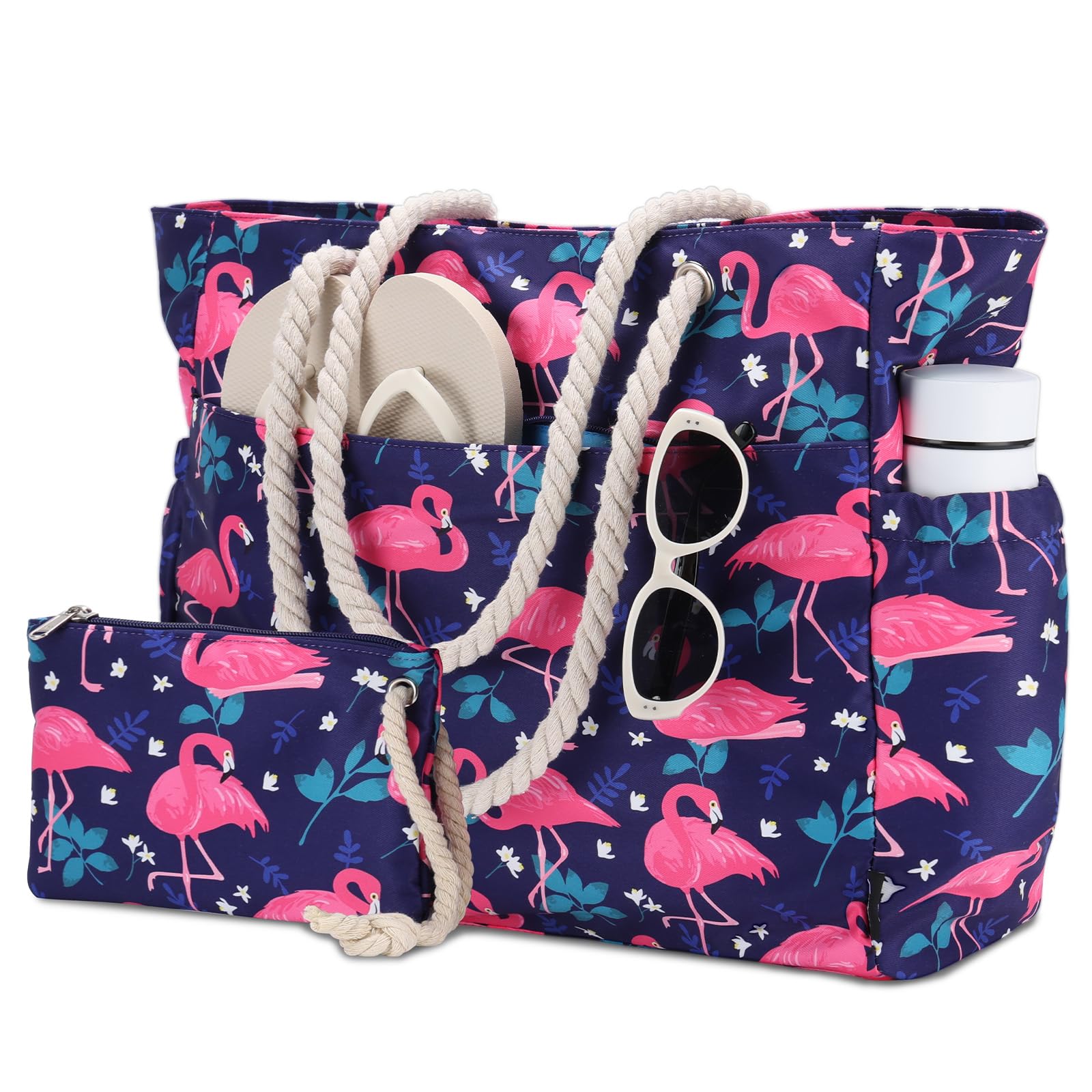Kasqo Large Waterproof Beach Tote Bag for Women with Zipper & Small Pouch - Perfect for Swimming, Pool, Grocery Shopping, Travel & Vacation Essentials