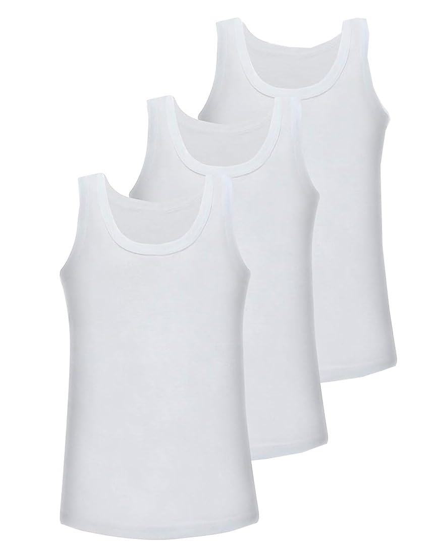 100% Cotton Kids Sleeveless Vest - White Plain Undershirt for Boys & Girls (Pack of 3) | Summer Slim Fit Top for Everyday Wear & Back to School | Sizes 2-13 Years | Perfect for Playtime, School Uniforms & Layering