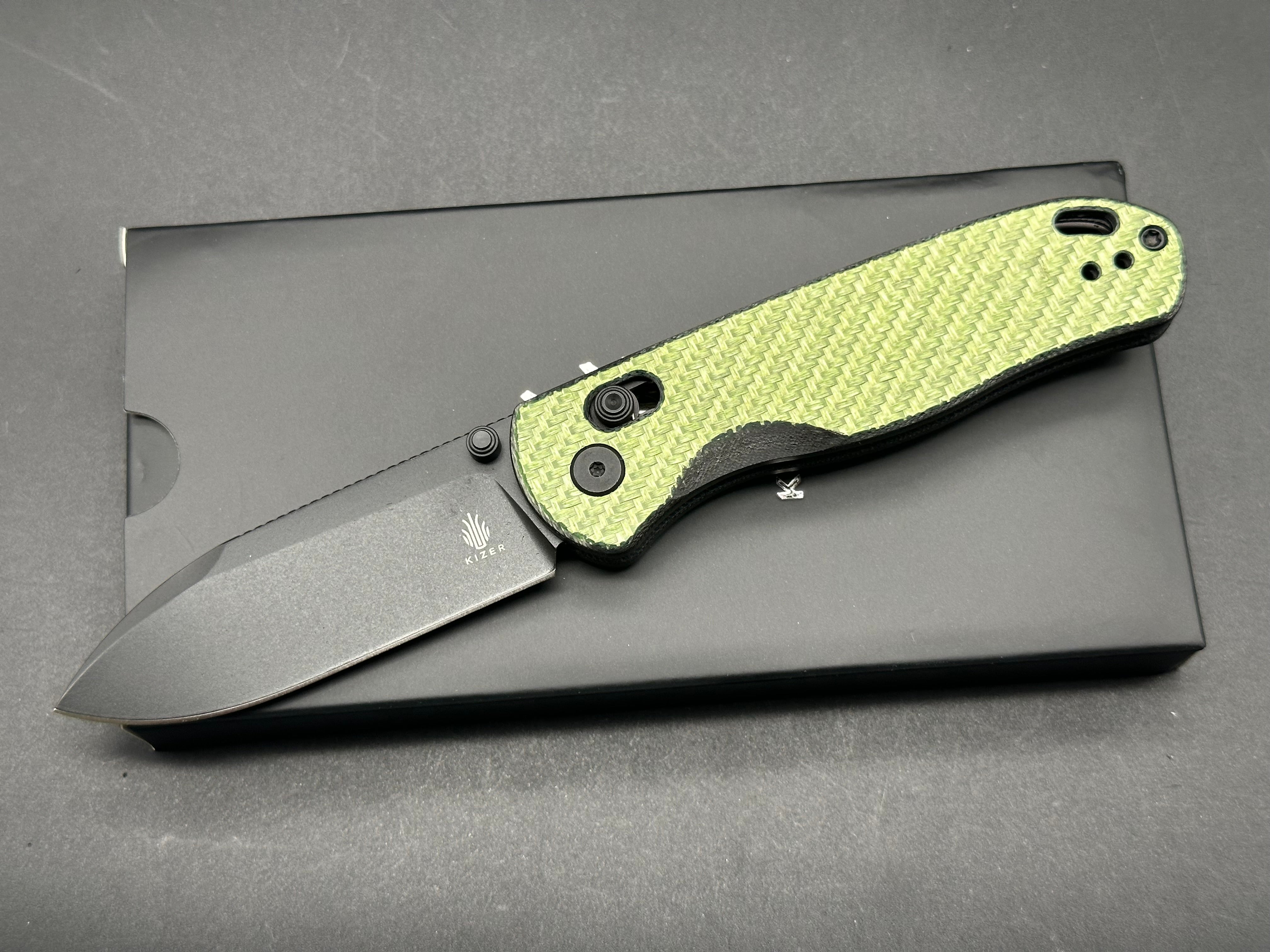 KIZER DROP BEAR Folding Pocket Knife - Green Carbon Fiber Handle, NITRO-V Steel Blade, Black Plain Edge - EDC, Camping, Hiking & Outdoor Survival Tool