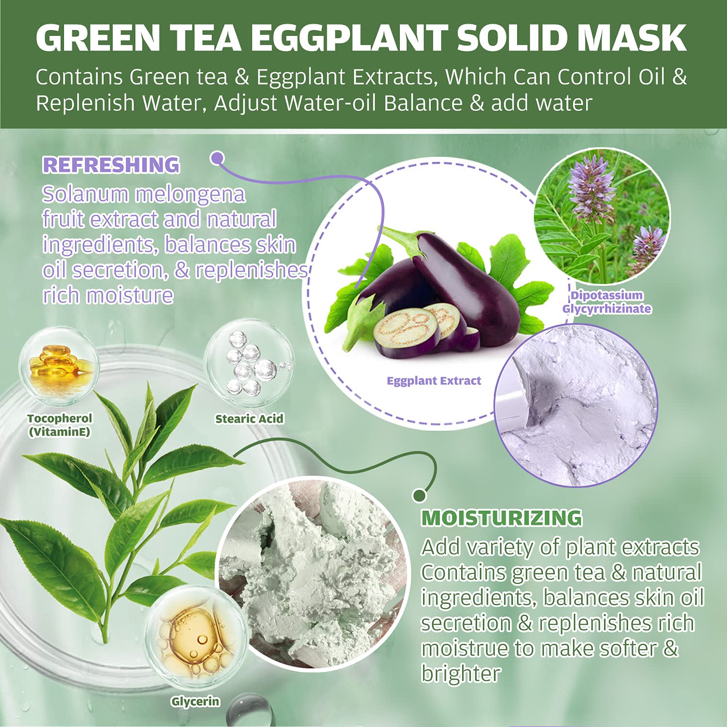 FORALES 2-in-1 Green Tea & Eggplant Extract Facial Mask Stick - Travel Friendly Deep Cleansing & Moisturizing Stick for Oily & Dry Skin - Oil Control & Skin Nourishment for Women & Men - Perfect for Travel, Gym & Daily Skincare Routine