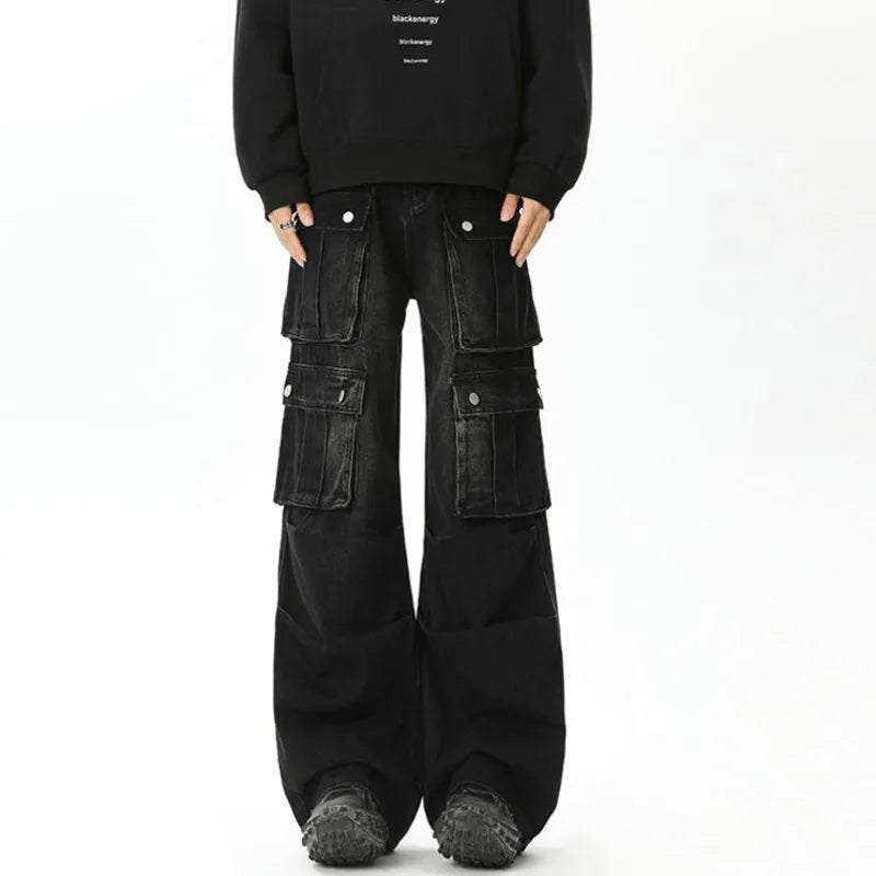 American Style Men's Black Denim Pants - High Street Multi-Pocket Workwear, Loose Straight Leg Trendy Jeans (9C9262) | Perfect for Casual Wear, Work & Street Fashion