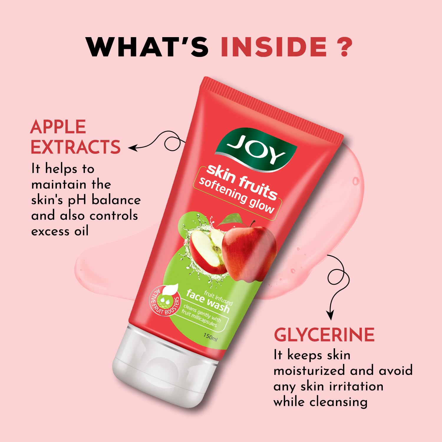 Joy Skin Fruits Softening Glow Apple Face Wash - Deep Cleansing & Hydrating Facial Cleanser for All Skin Types (150ml) - Gentle Exfoliation for Daily Skincare Routine & Glowing Complexion