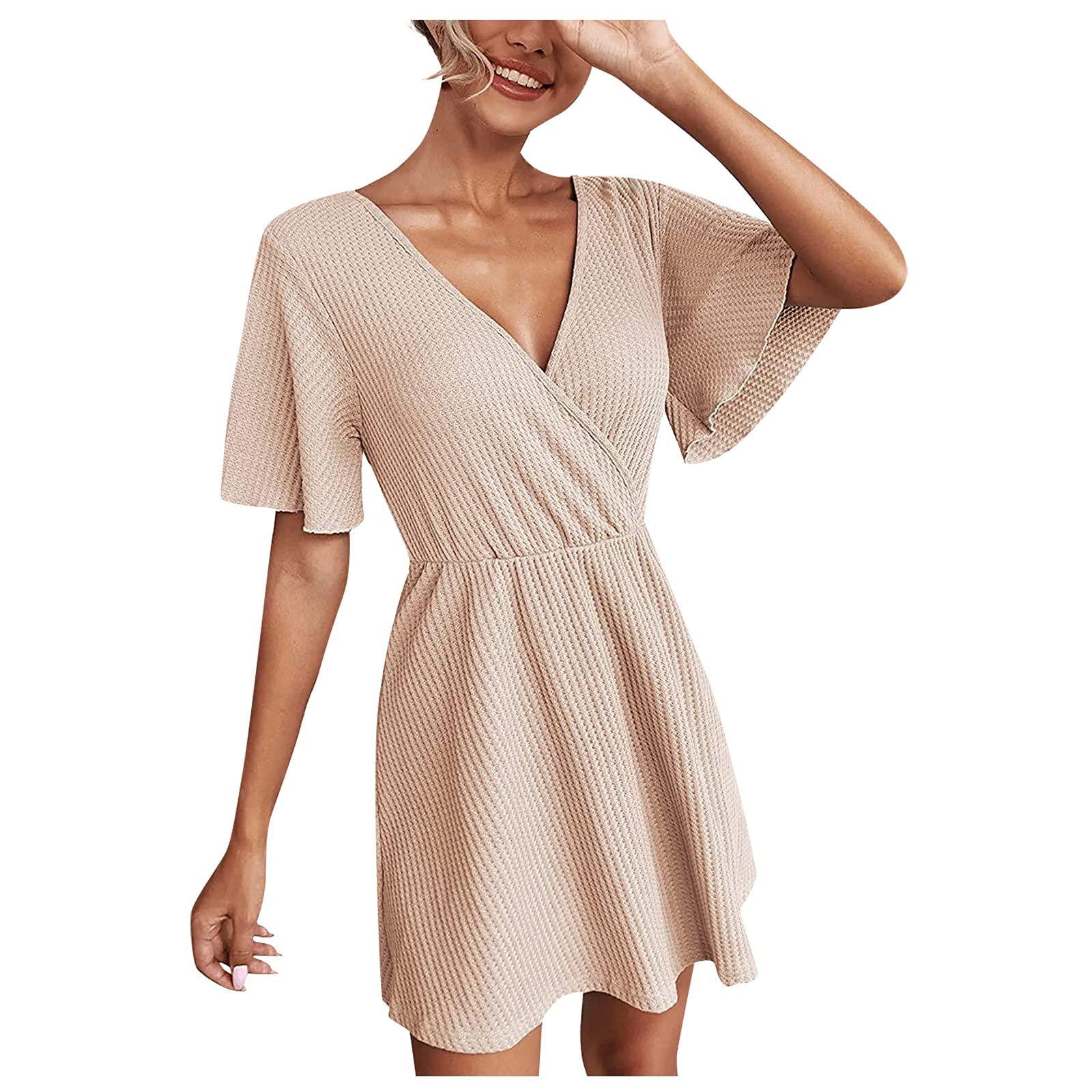 Women's Fall Dresses 2023 - Short Sleeve V-Neck A-Line Casual Mini Dress with Waffle Texture | Perfect for Shopping, Beach Outings & Autumn Date Nights
