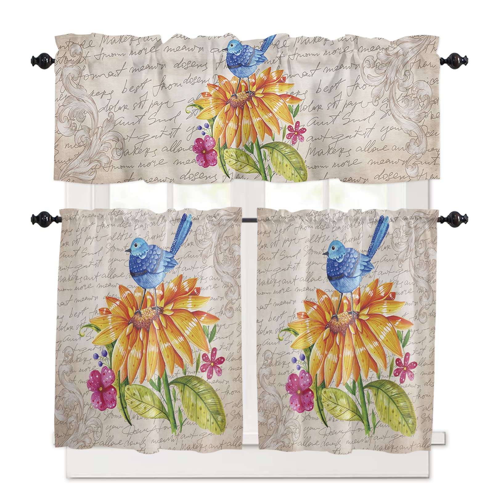 Vintage Floral Bird 3-Piece Kitchen Curtain Set with Rod Pocket - Washable Soft Window Curtains & Valances for Farmhouse, Cottage or Autumn Decor - Perfect for Kitchen, Dining Room and Sunroom Windows