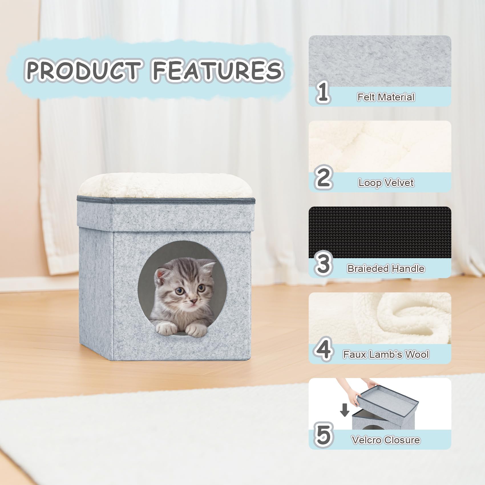 Folding Cat House Cube - Indoor Pet Bed for Cats & Small Dogs, Light Grey - Cozy Cave for Kittens & Pets