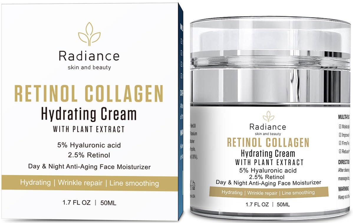 RADIANCE All Natural Retinol Intense Face Cream - Anti-Aging Moisturizer with Collagen & Hyaluronic Acid | Korean Formula for Wrinkle Repair & Hydration | Suitable for All Skin Types | Perfect for Nighttime Skincare Routine & Daily Anti-Aging Regimen