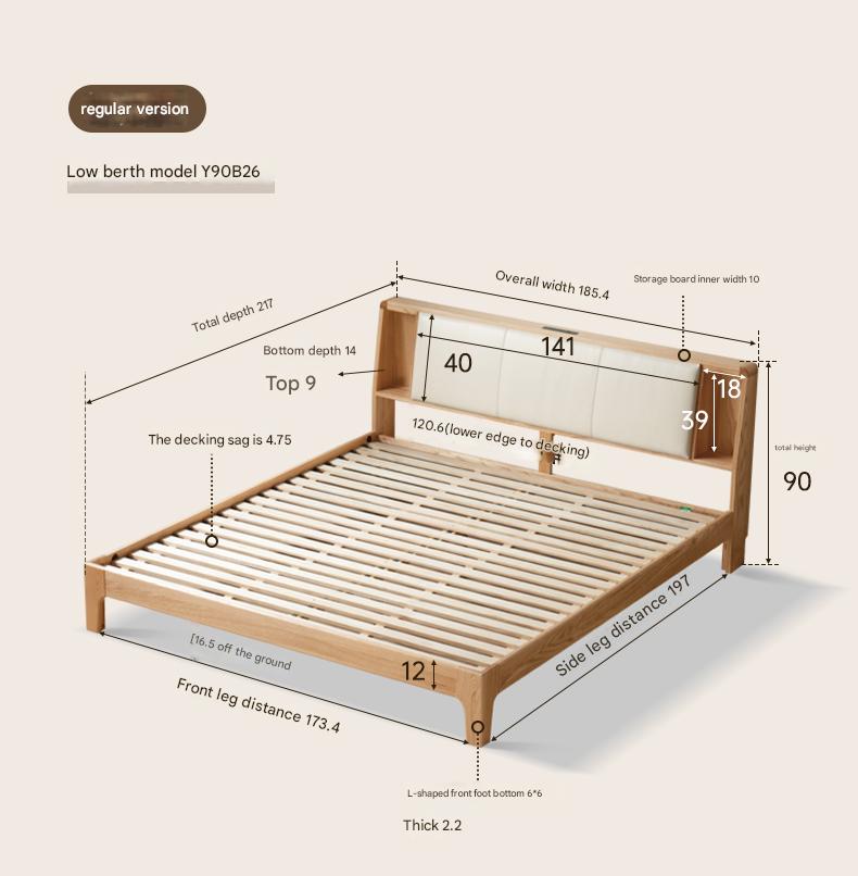 Solid Oak Wood Leather & Fabric Luminous Bed with Shelf - Modern Platform Bed Frame with Storage for Bedroom, Guest Room, or Dorm