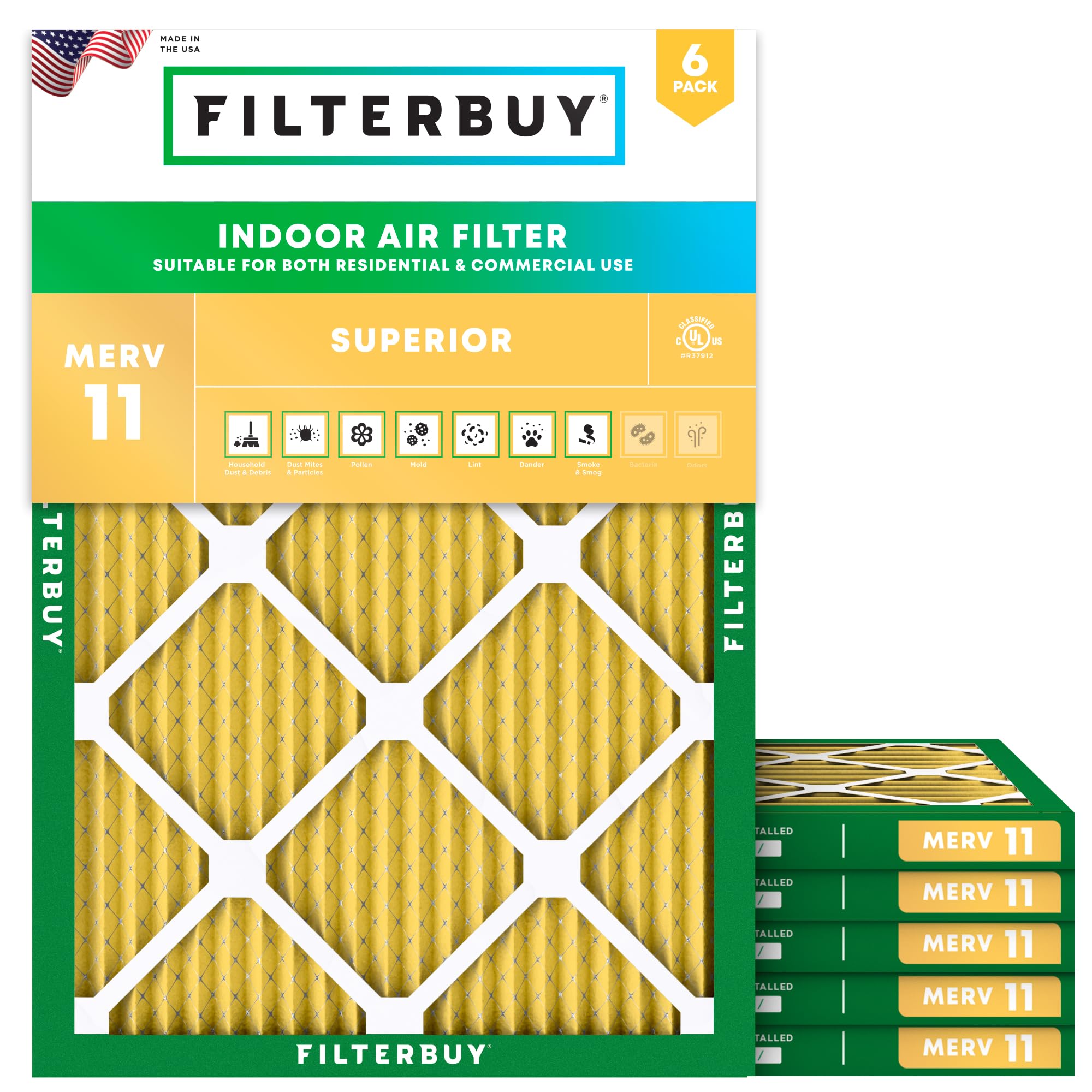 Filterbuy 23.5x25x1 MERV 11 Pleated Air Filter 6-Pack - Allergen Defense HVAC AC Furnace Replacement (Actual Size 23.5x25x0.75 Inches) - Perfect for Home, Office & Allergy Relief