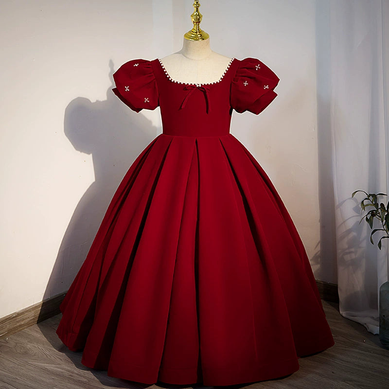 Burgundy Satin Flower Girl Dress for Princess - Elegant Square Neck Floor-Length Formal Gown for Weddings, Pageants, and Special Occasions