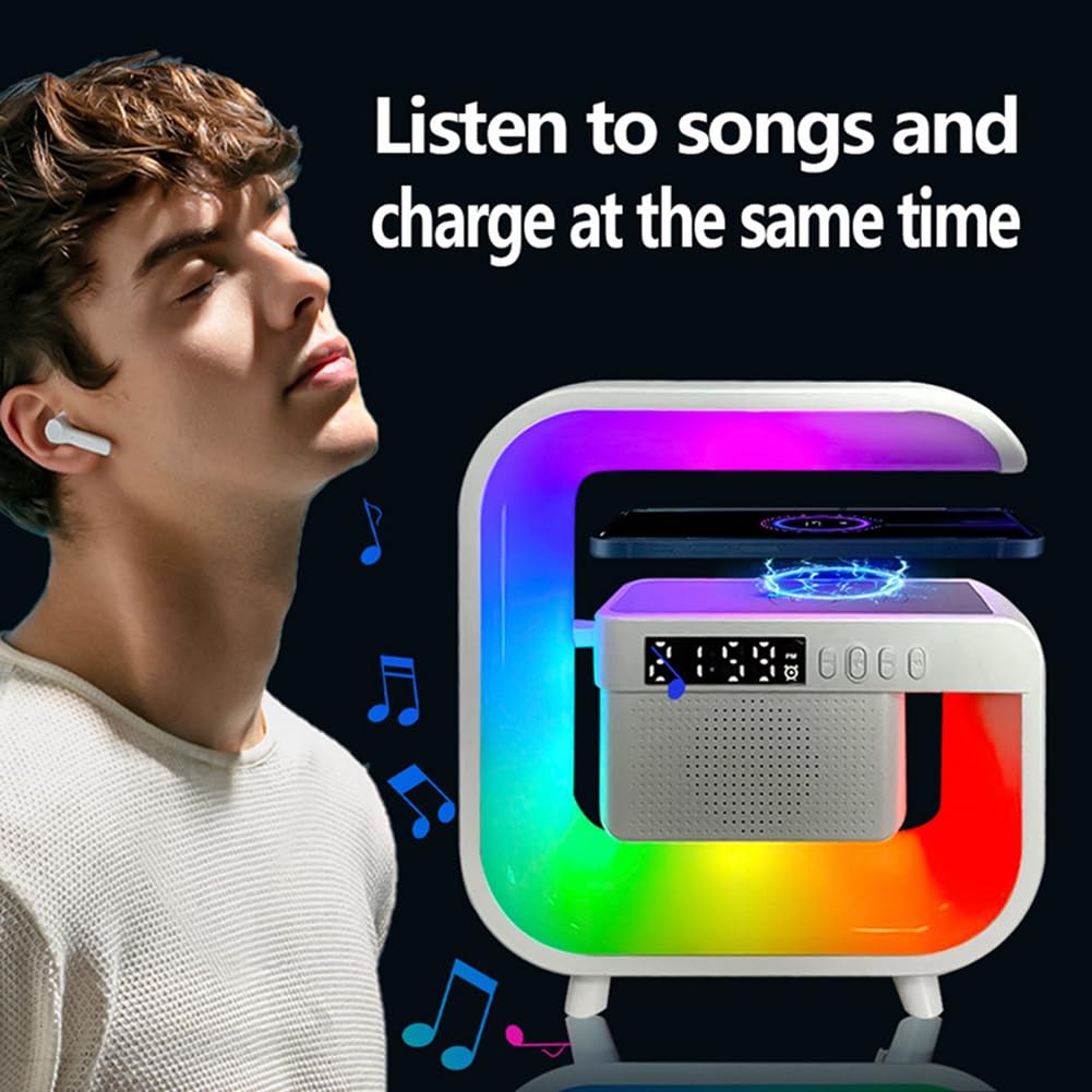 iFutniew Wireless Charger Stand with Bluetooth 5.0 Speaker, FM Radio, TF Card Slot, RGB Night Light - Fast Charging Station for iPhone & Android Smartphones - Perfect for Bedroom, Office & Travel