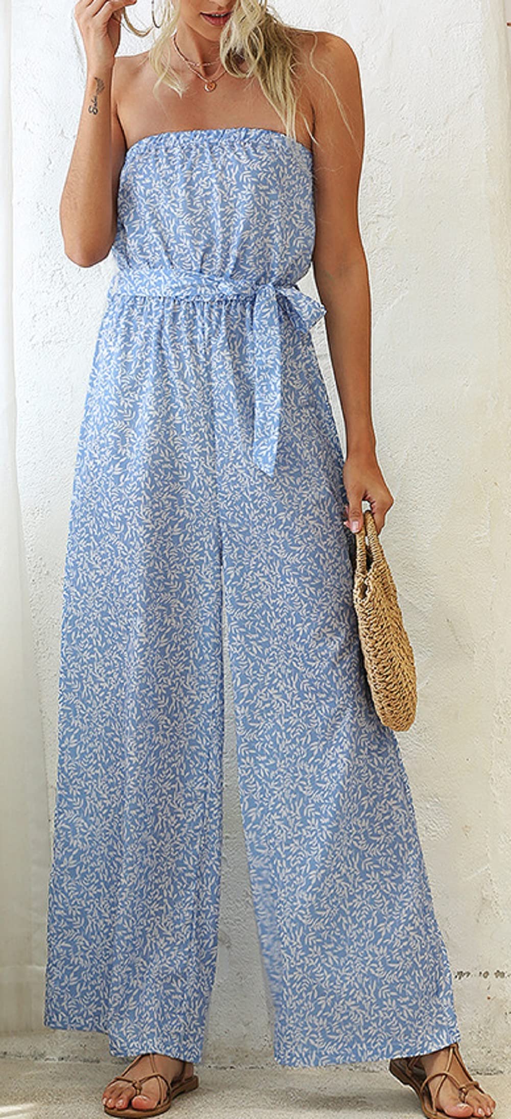CHARTOU Women's Off The Shoulder Wide Leg Loose Floral Print Belt Bandeau Jumpsuit - Summer Beach Party, Vacation Outfit, Casual Wear, Boho Chic Fashion