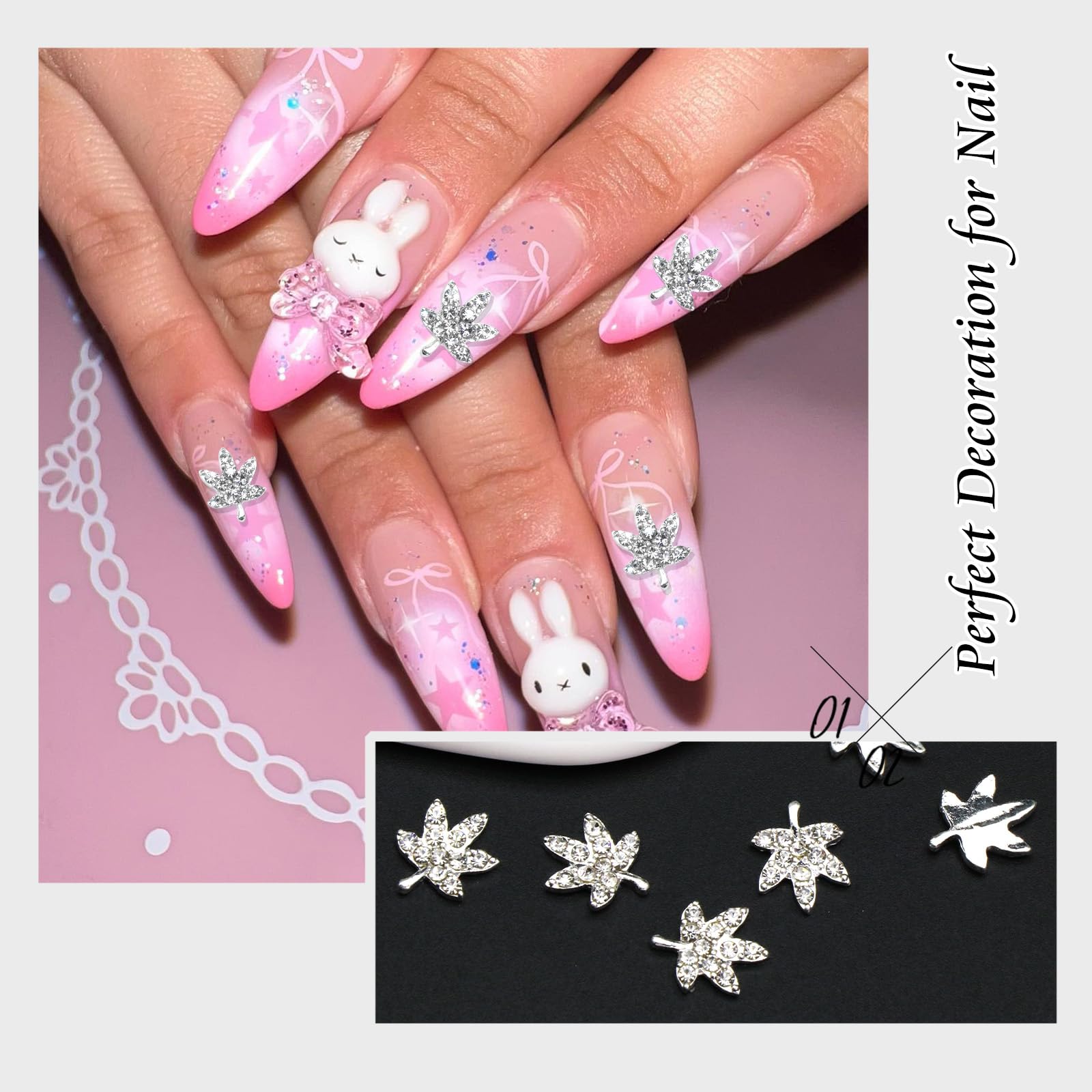 RODAKY 12PCS Silver Maple Leaf Nail Charms - 3D Rhinestone Glitter Nail Art Gems for Manicure, DIY Nail Designs & Nail Decoration | Perfect for Fall Nail Art, Wedding Nails, and Holiday Nail Crafts